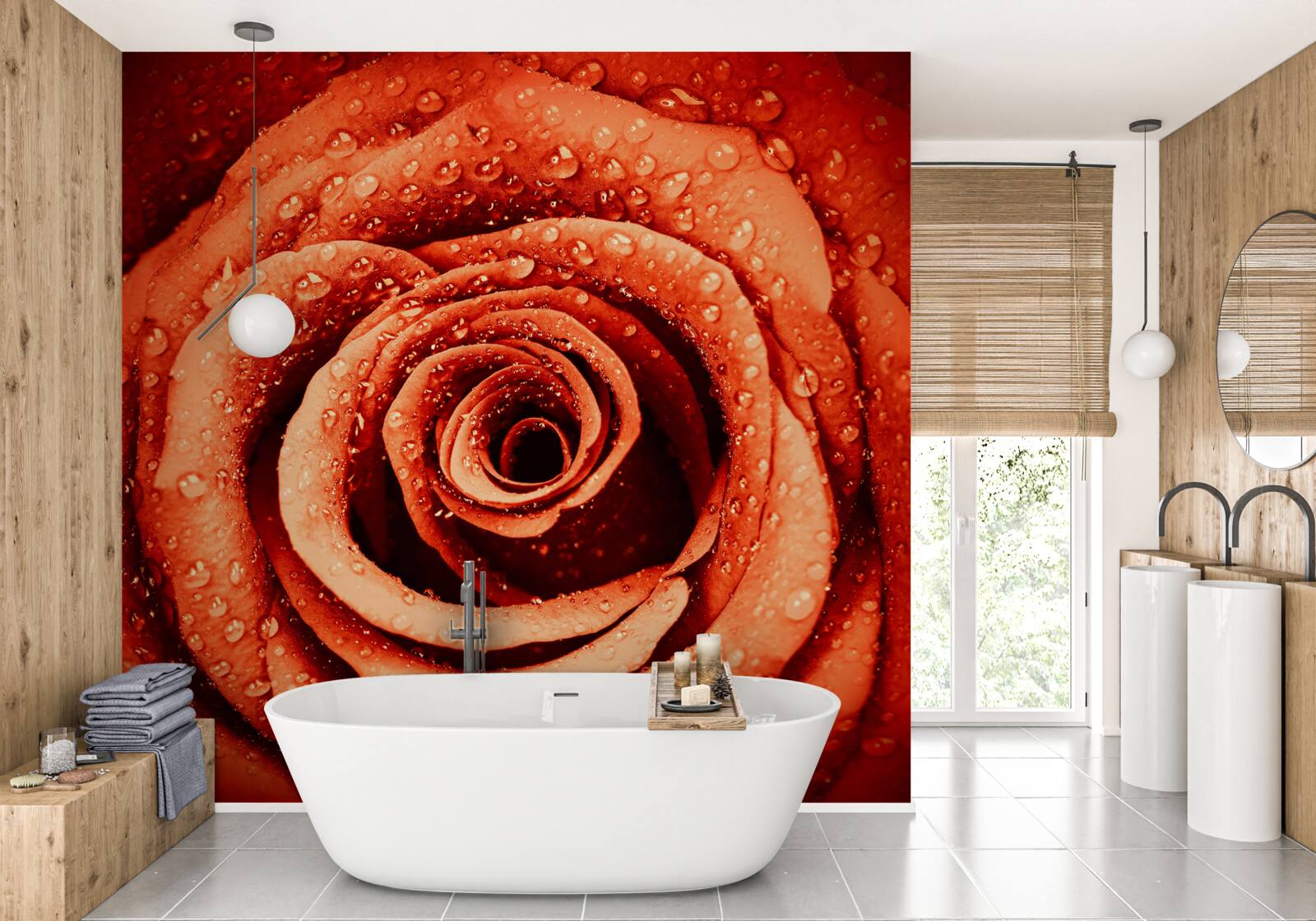 Fotobehang dauwdruppels op een scharlaken rozenblaadje