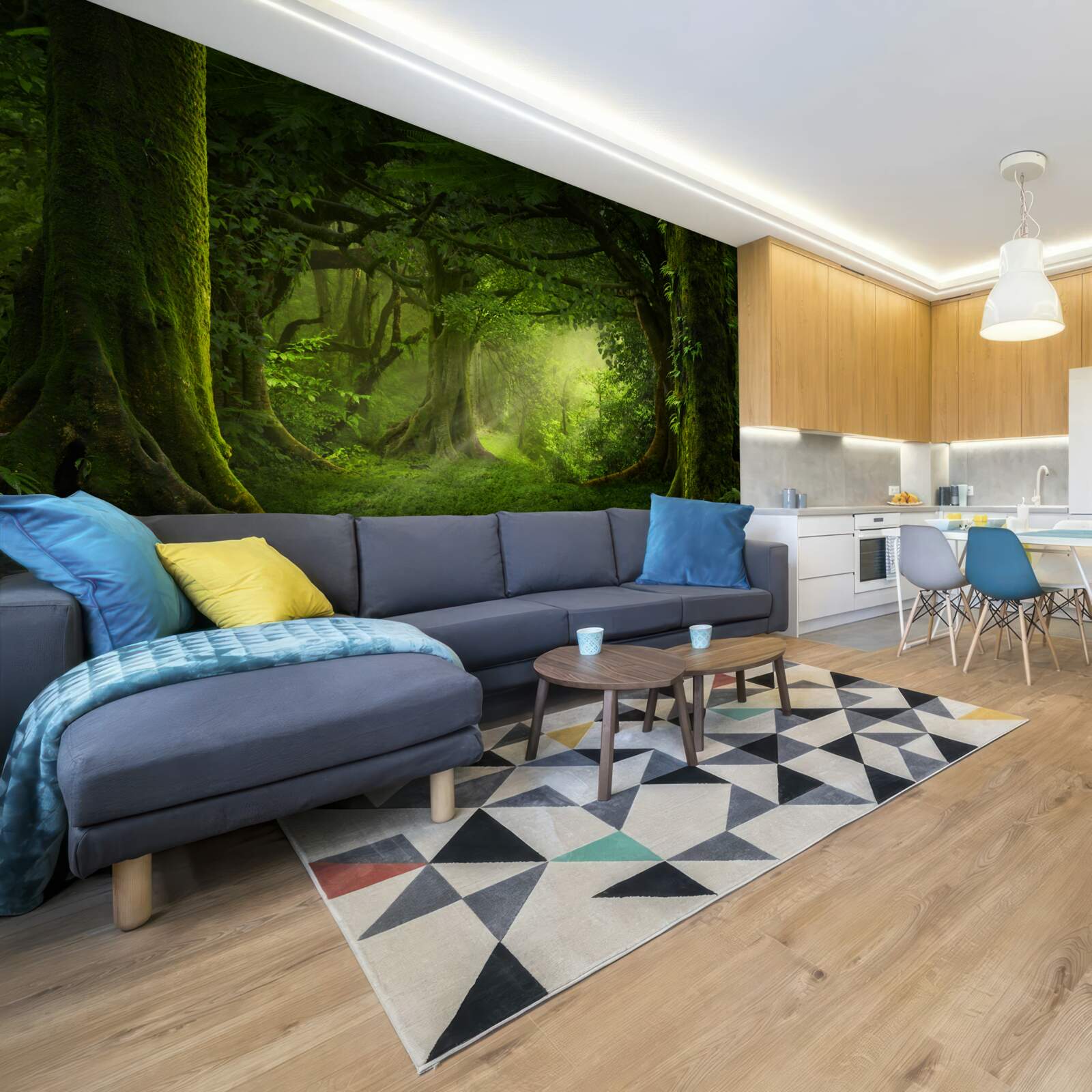 Fotobehang de zonnestralen dringen door de dichte bomen van het bos