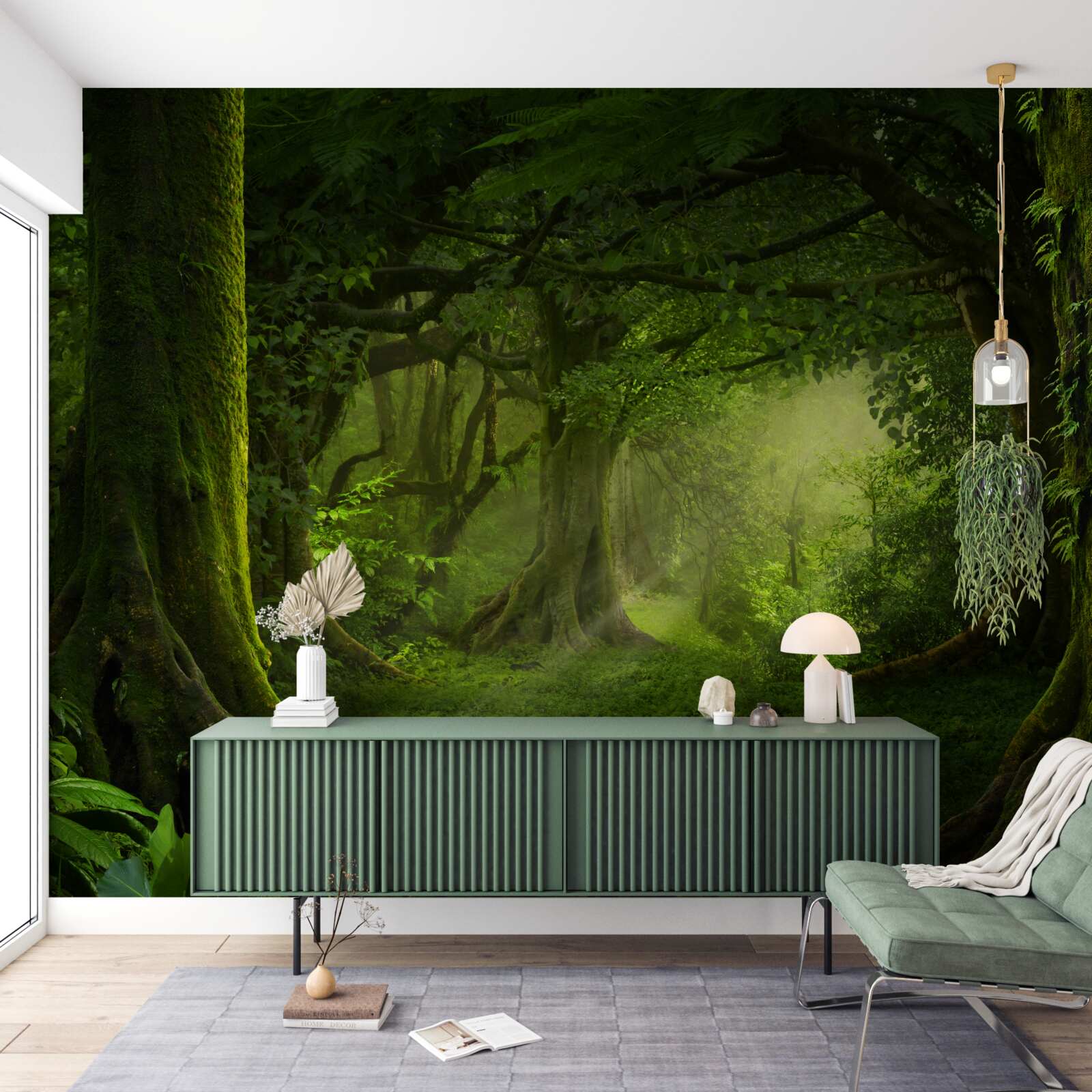 Fotobehang de zonnestralen dringen door de dichte bomen van het bos