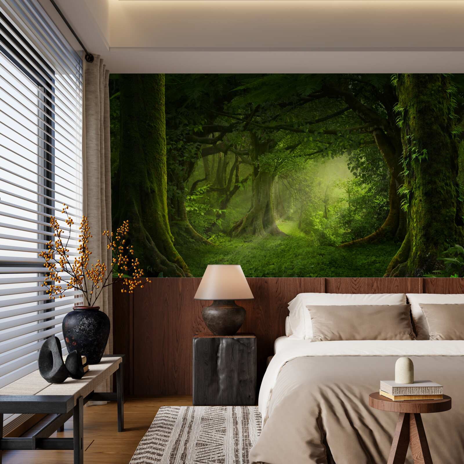 Fotobehang de zonnestralen dringen door de dichte bomen van het bos