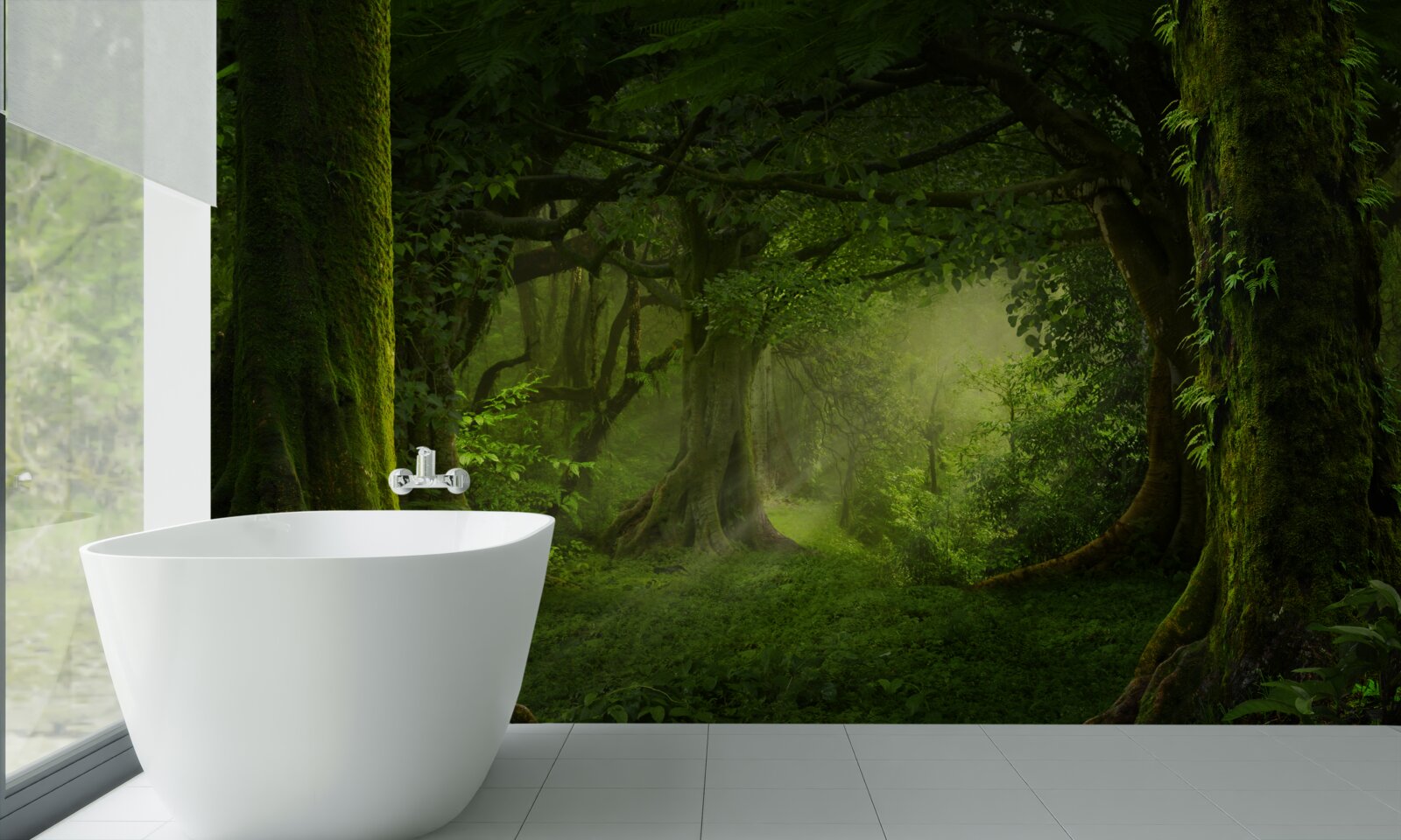 Fotobehang de zonnestralen dringen door de dichte bomen van het bos