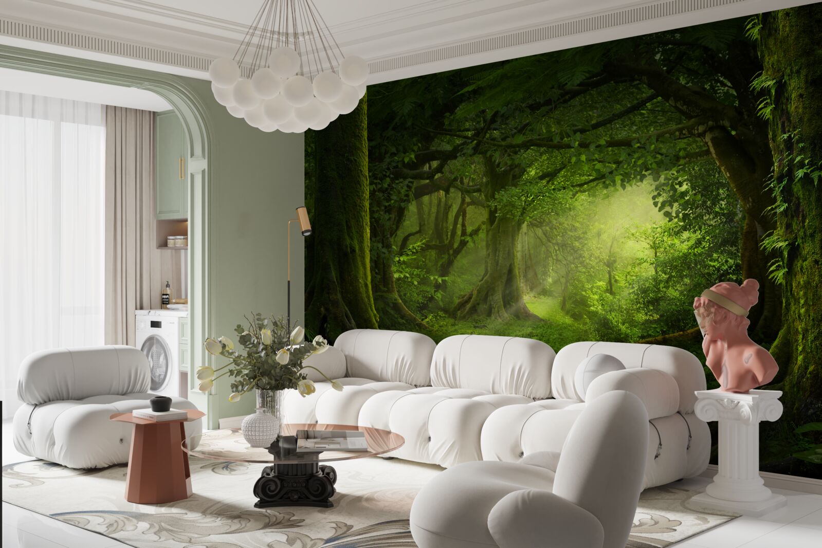 Fotobehang de zonnestralen dringen door de dichte bomen van het bos