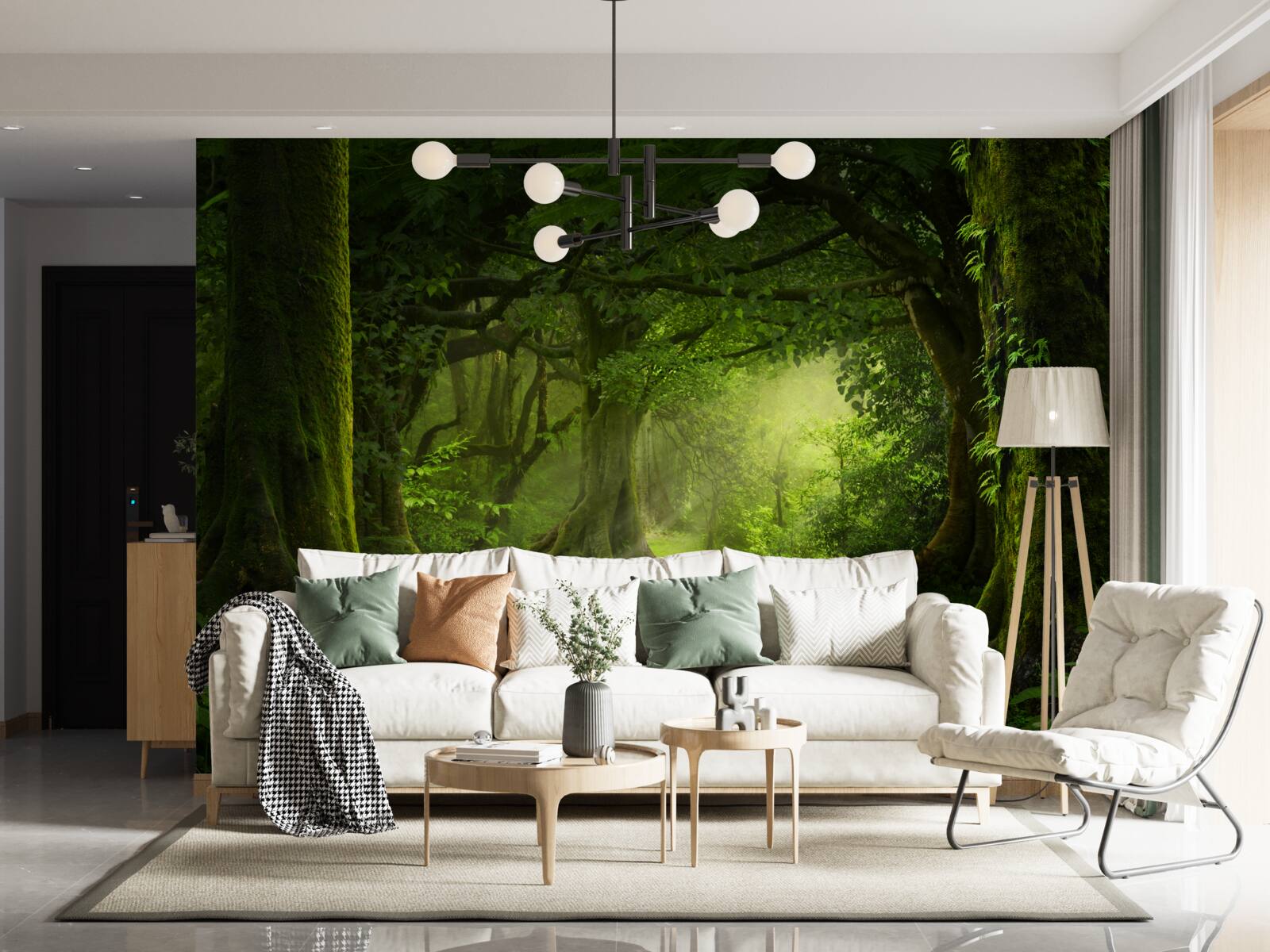 Fotobehang de zonnestralen dringen door de dichte bomen van het bos