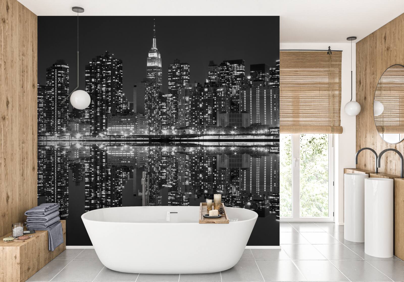 Fotobehang de skyline van de stad is zichtbaar in de weerspiegelingen van het water