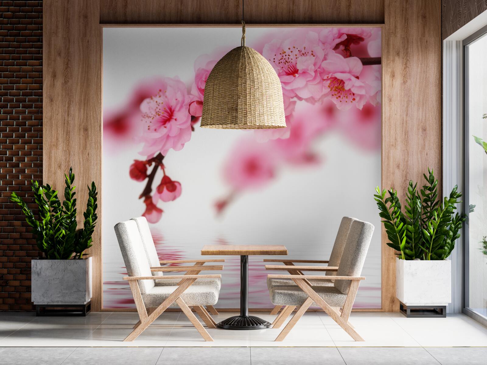 Fotobehang roze sakura tak ligt bij water