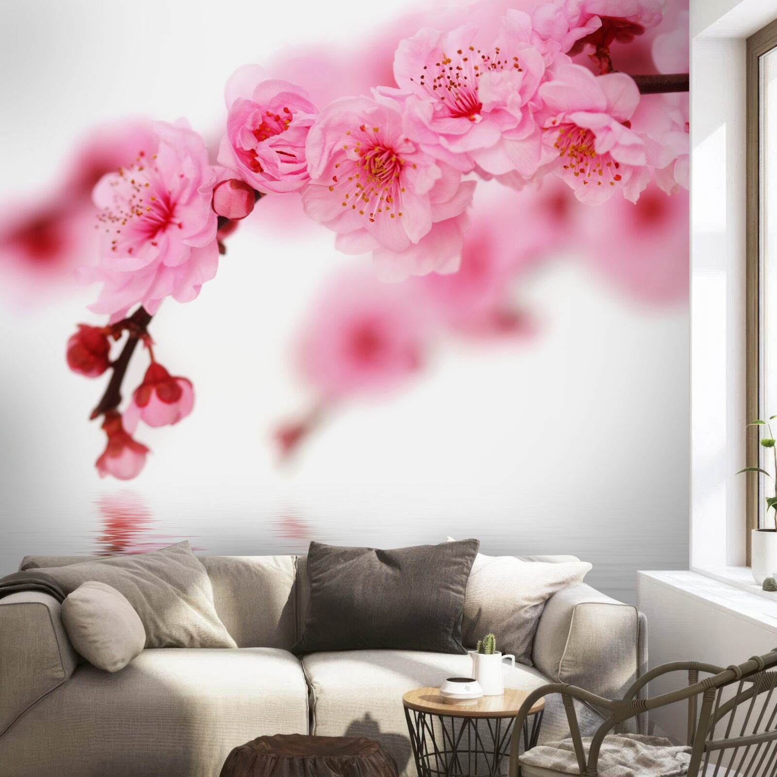 Fotobehang roze sakura tak ligt bij water