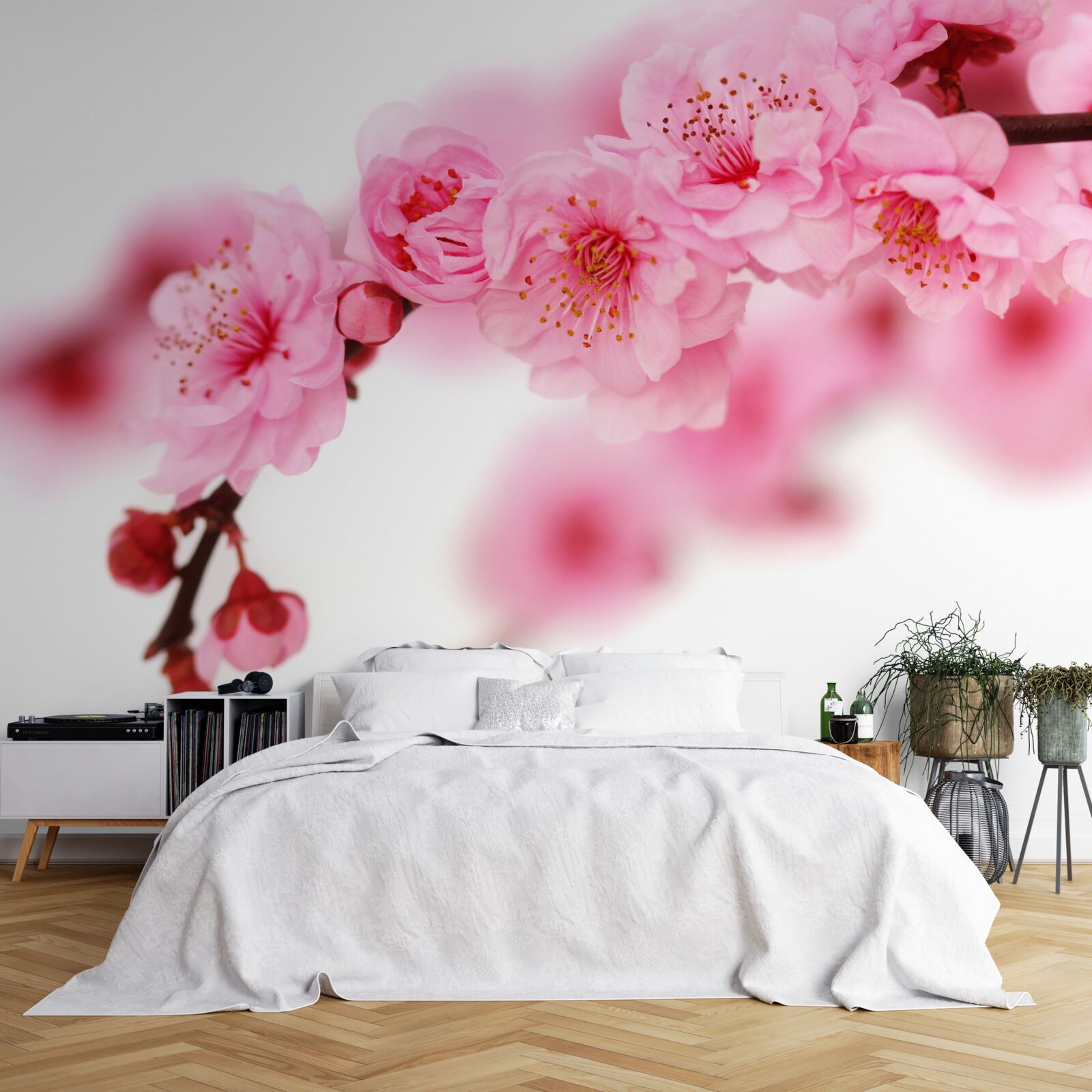 Fotobehang roze sakura tak ligt bij water