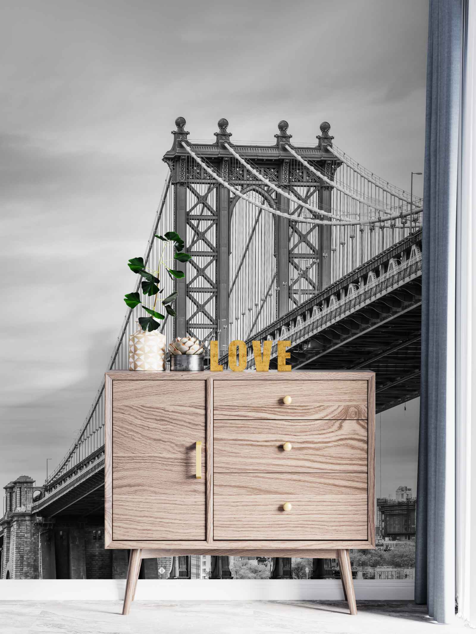 Fotobehang vernielde brug die naar bewoond gebied leidt