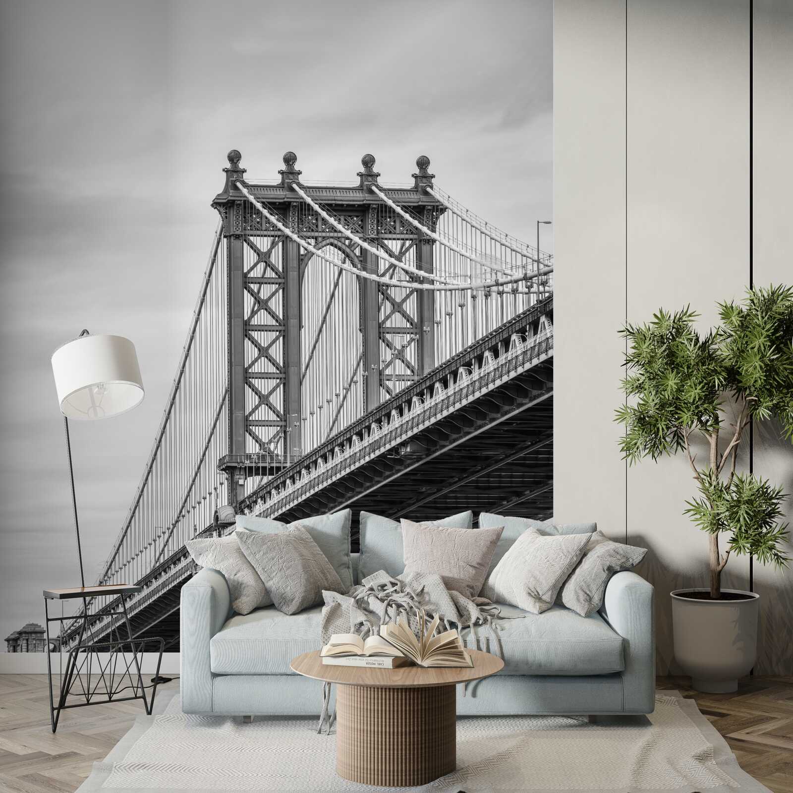 Fotobehang vernielde brug die naar bewoond gebied leidt