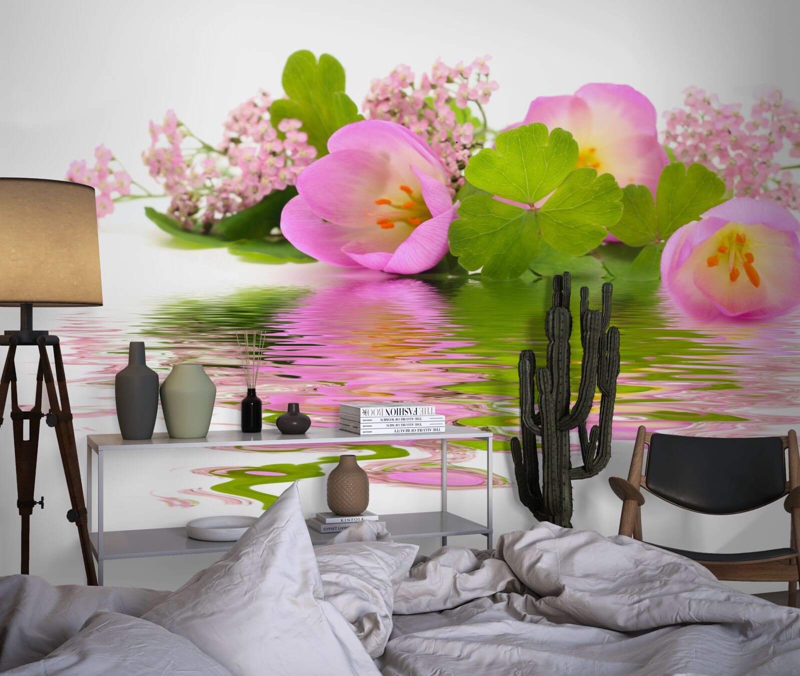 Fotobehang sierlijke compositie van roze bloemen op het wateroppervlak