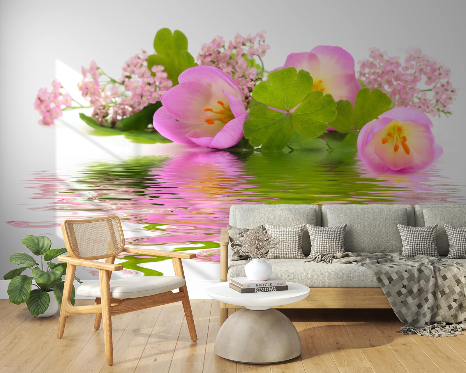 Fotobehang sierlijke compositie van roze bloemen op het wateroppervlak