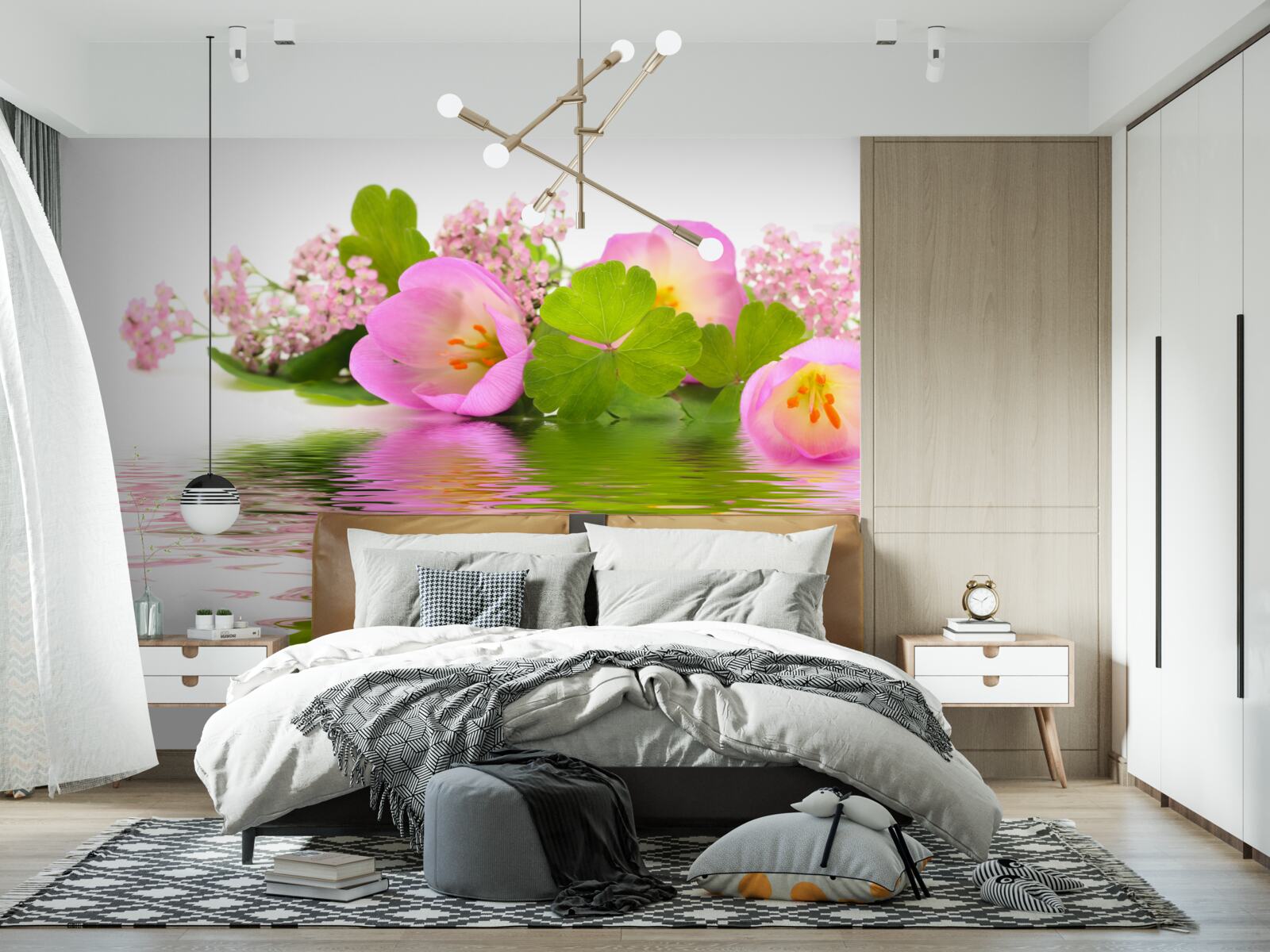 Fotobehang sierlijke compositie van roze bloemen op het wateroppervlak