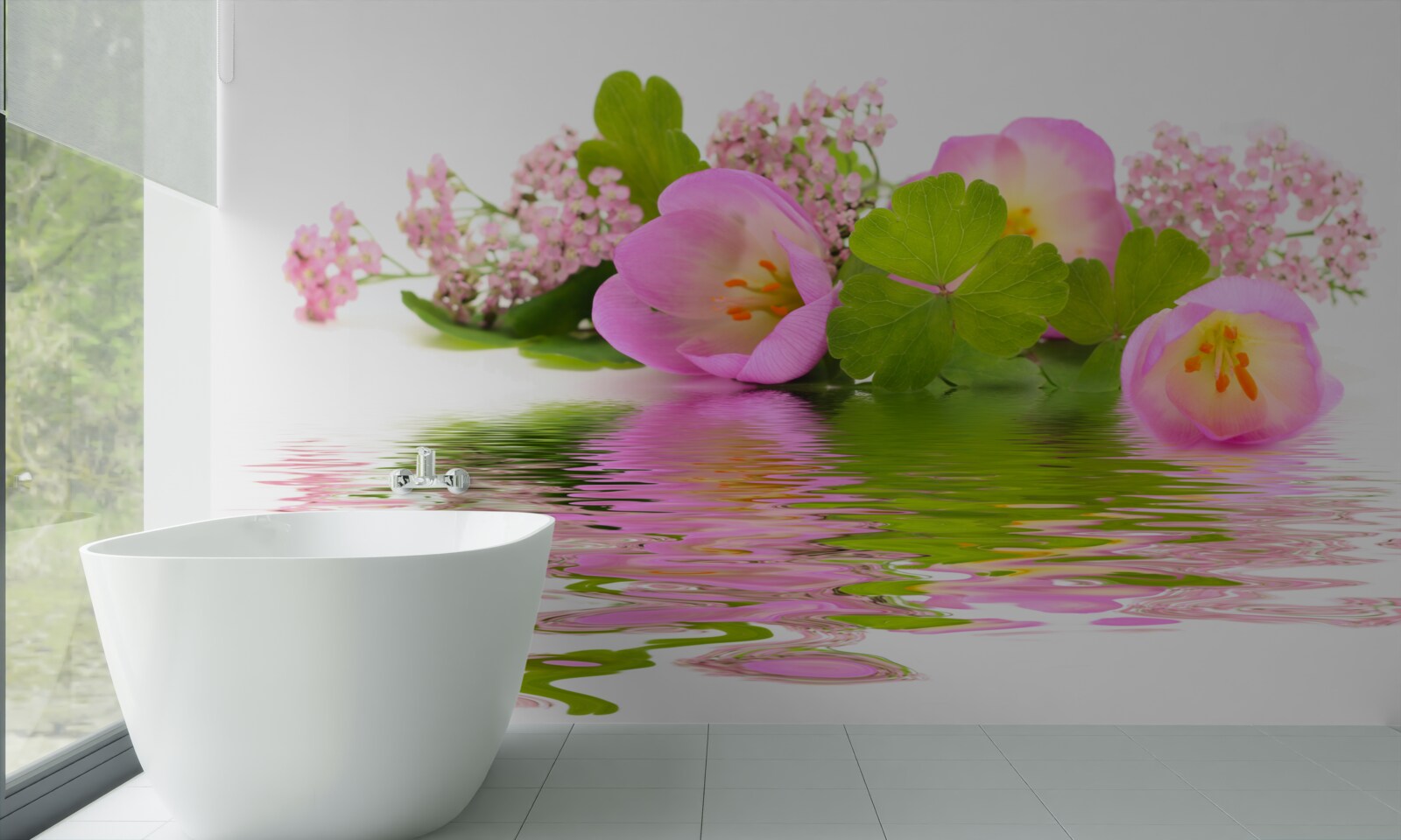 Fotobehang sierlijke compositie van roze bloemen op het wateroppervlak