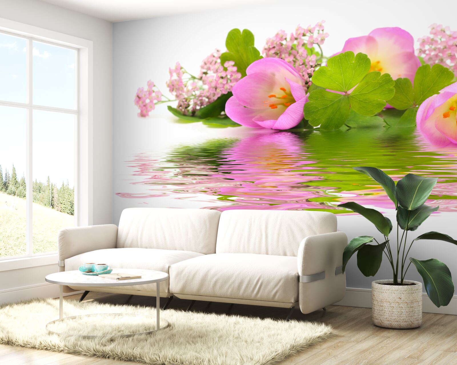 Fotobehang sierlijke compositie van roze bloemen op het wateroppervlak