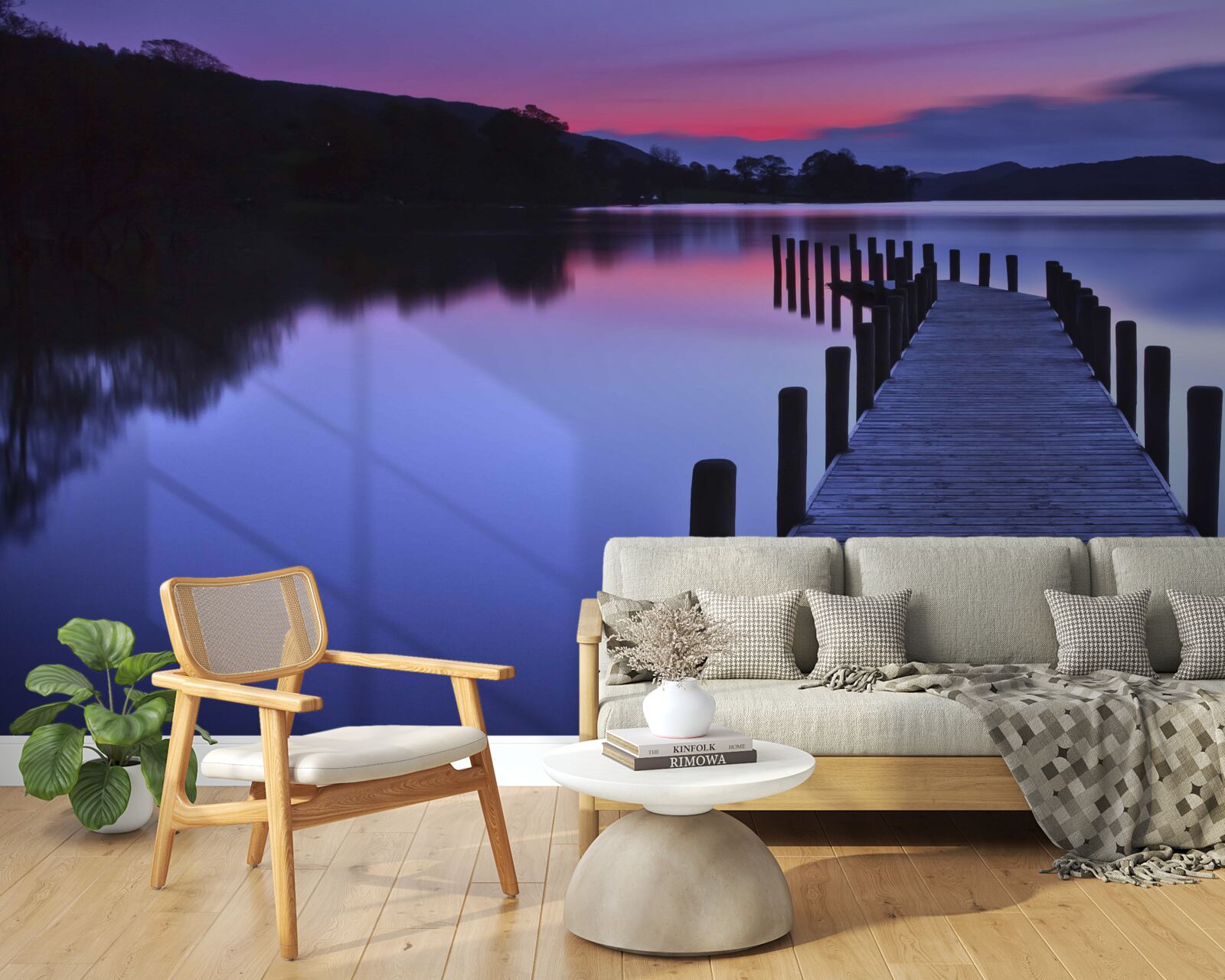 Fotobehang pier bij een meer in de bergen bij zonsopgang