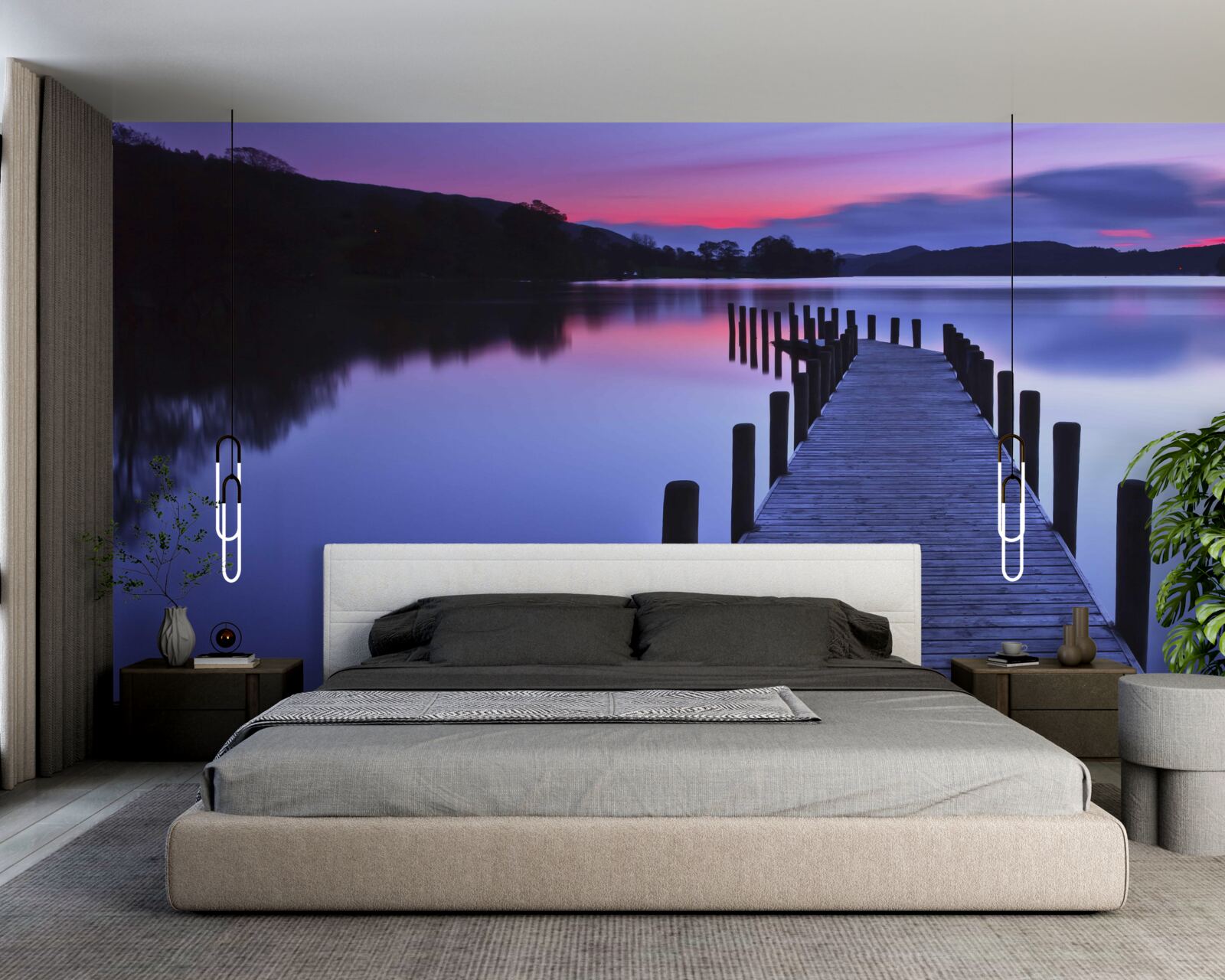 Fotobehang pier bij een meer in de bergen bij zonsopgang