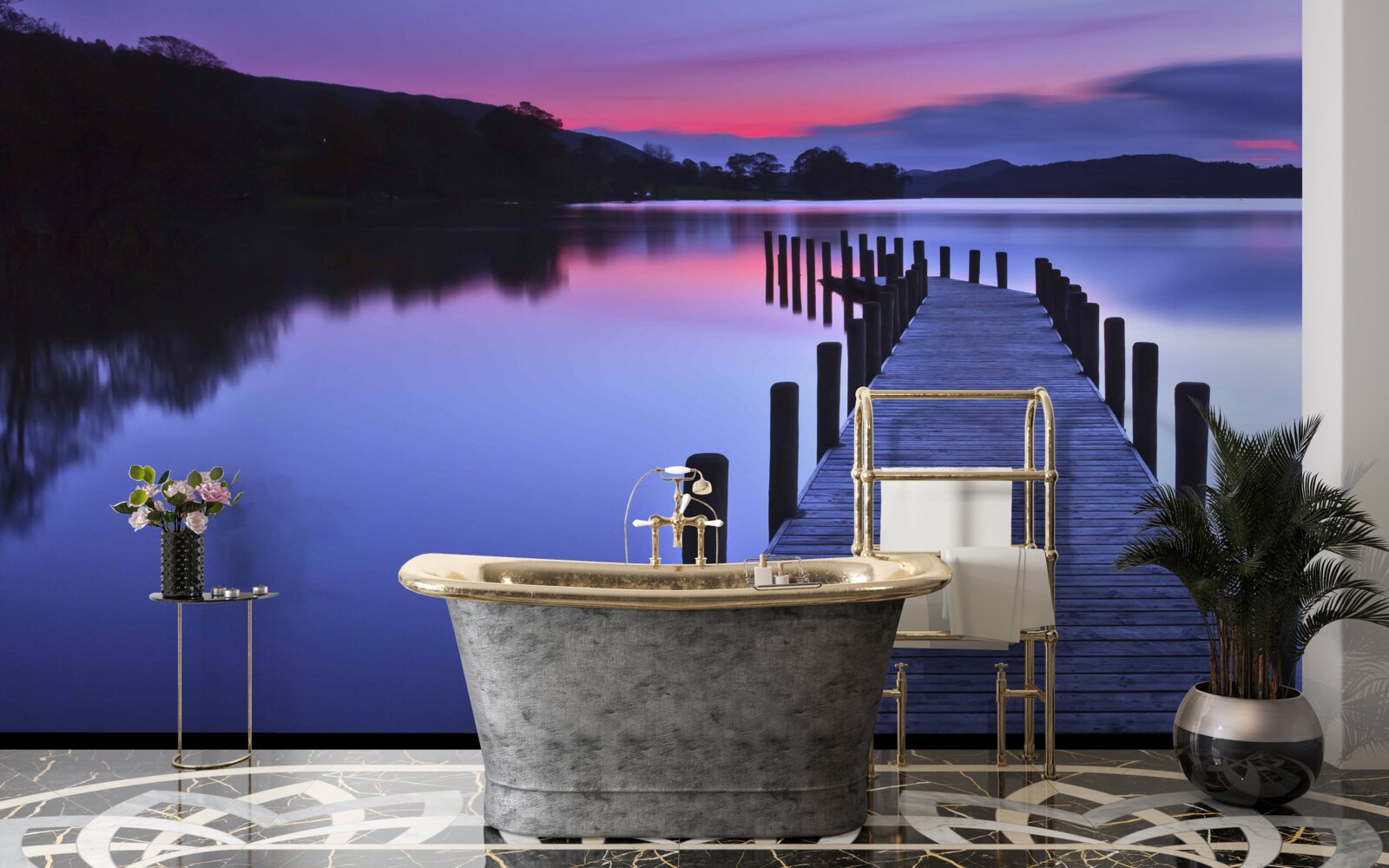 Fotobehang pier bij een meer in de bergen bij zonsopgang