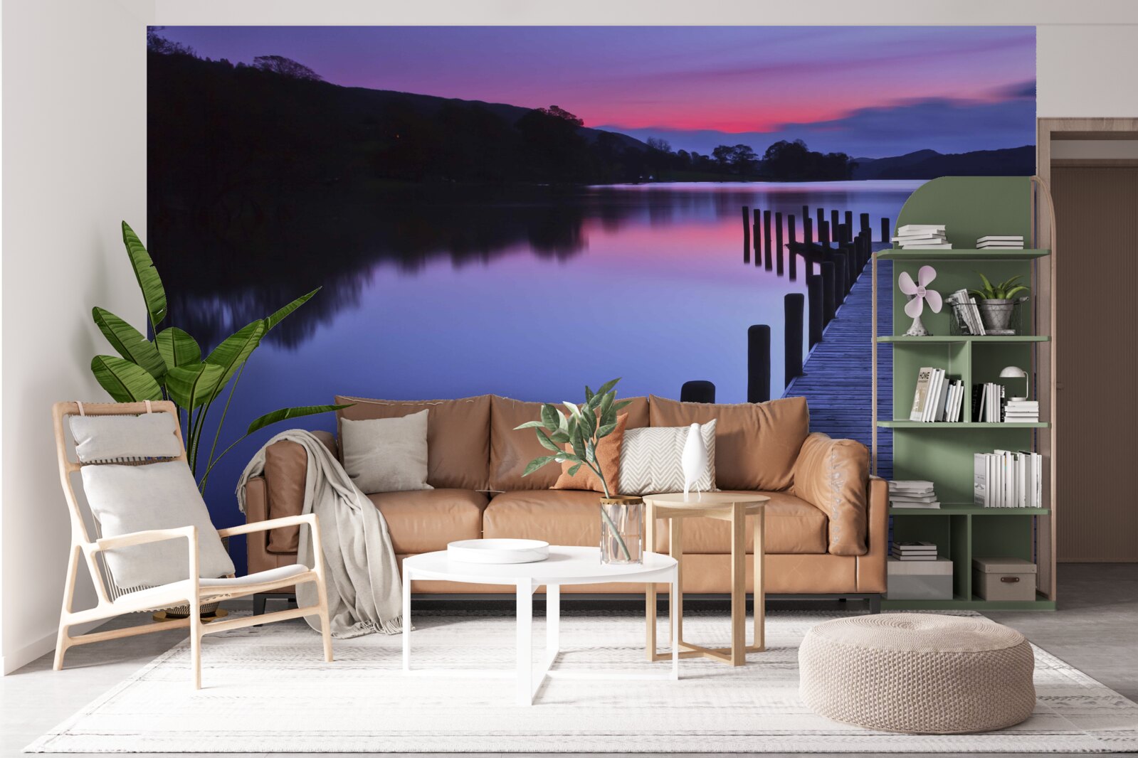 Fotobehang pier bij een meer in de bergen bij zonsopgang