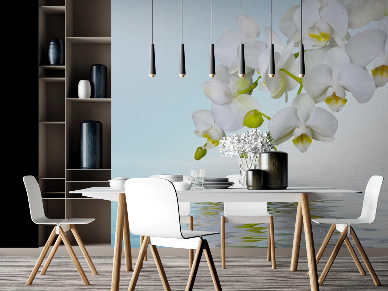 Fotobehang witte orchideeëntak bij rustig water