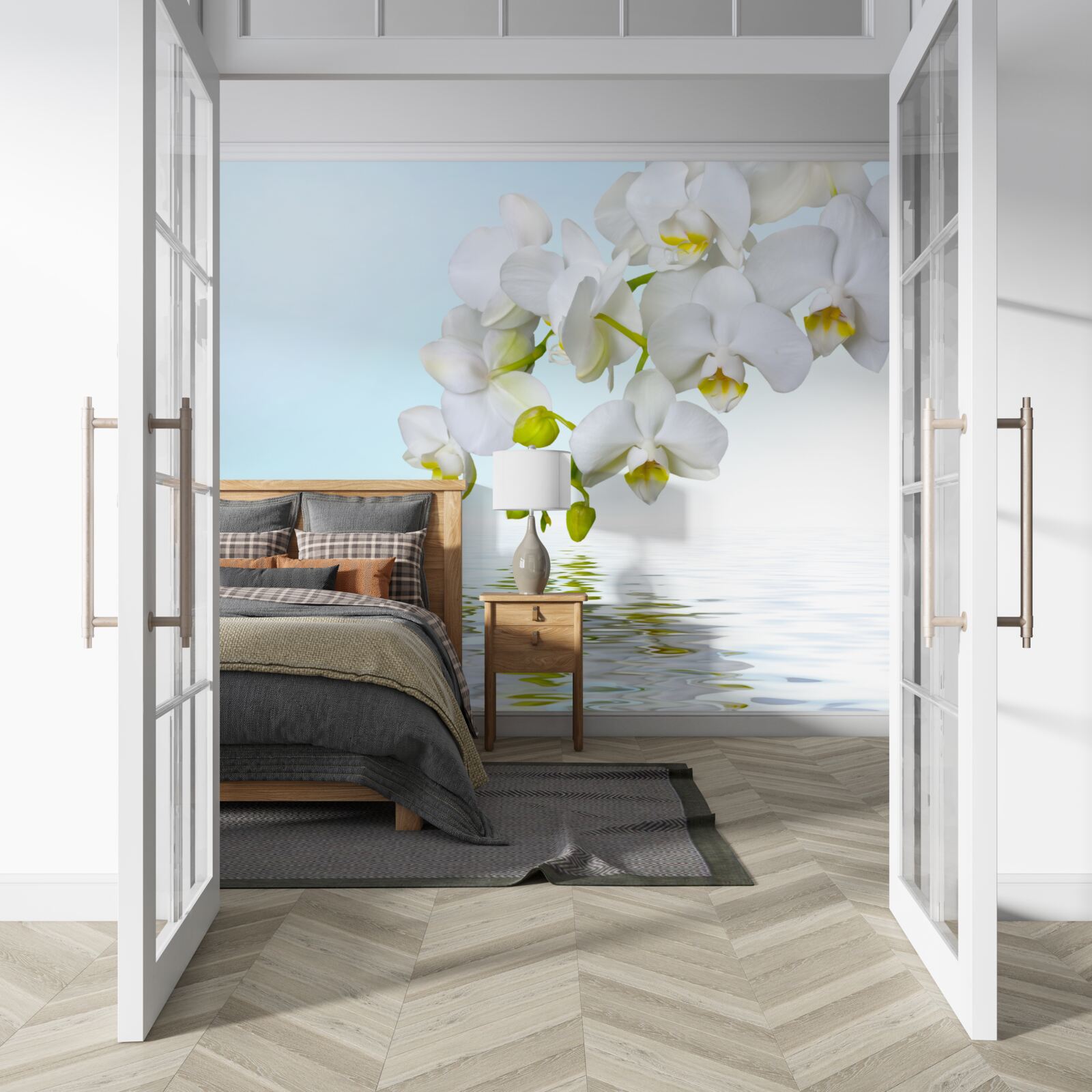 Fotobehang witte orchideeëntak bij rustig water