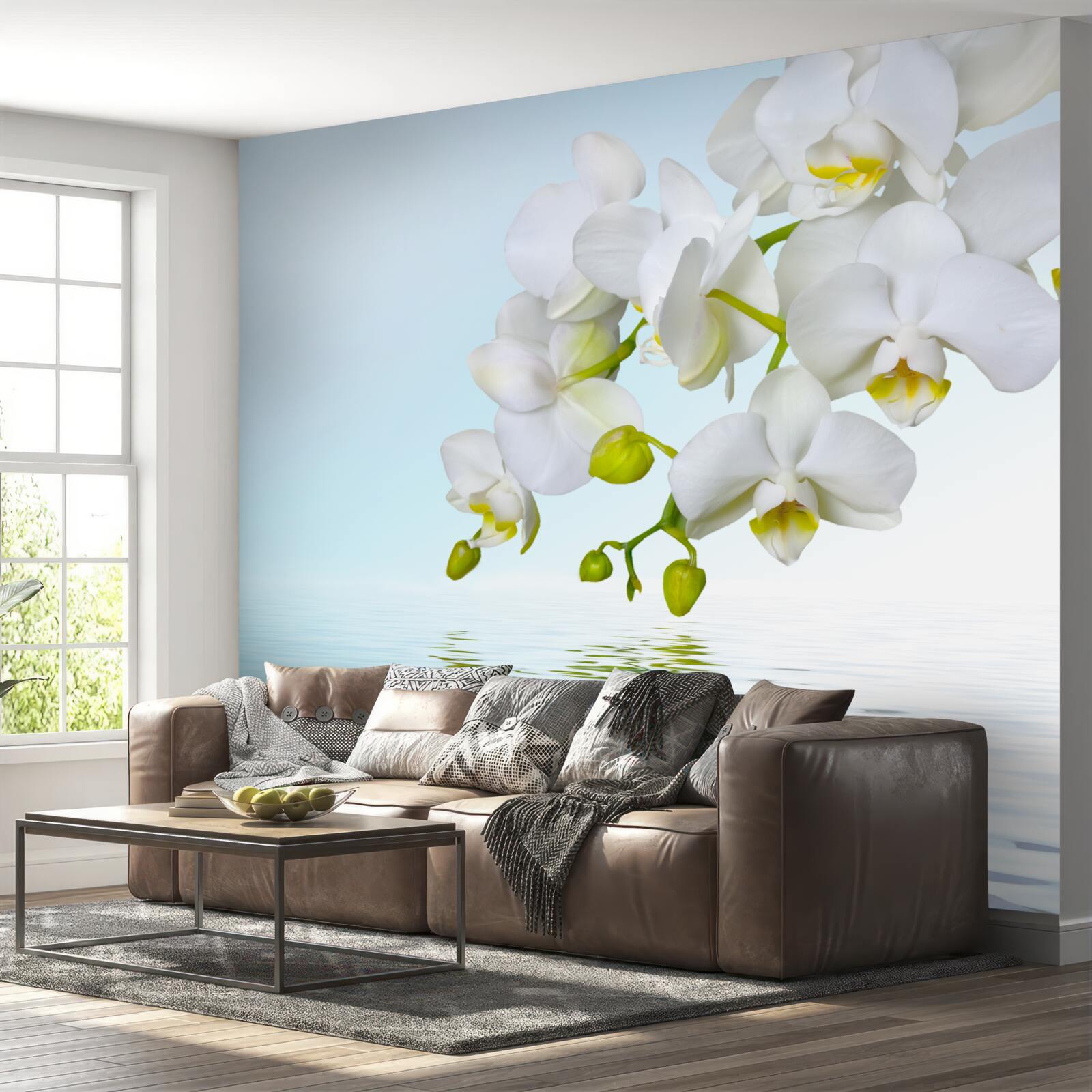 Fotobehang witte orchideeëntak bij rustig water