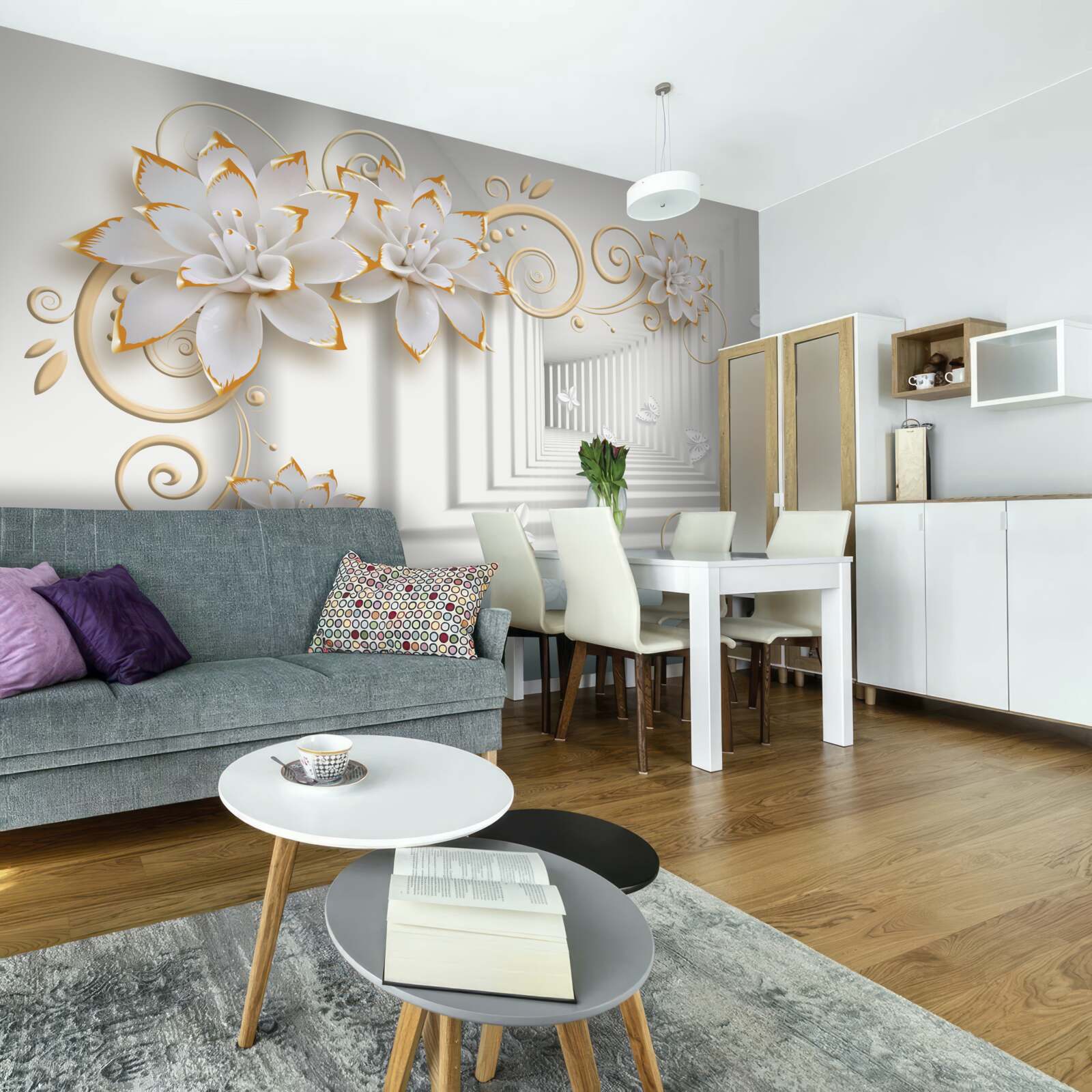 Fotobehang witte lotussen stralen tederheid uit in de gang