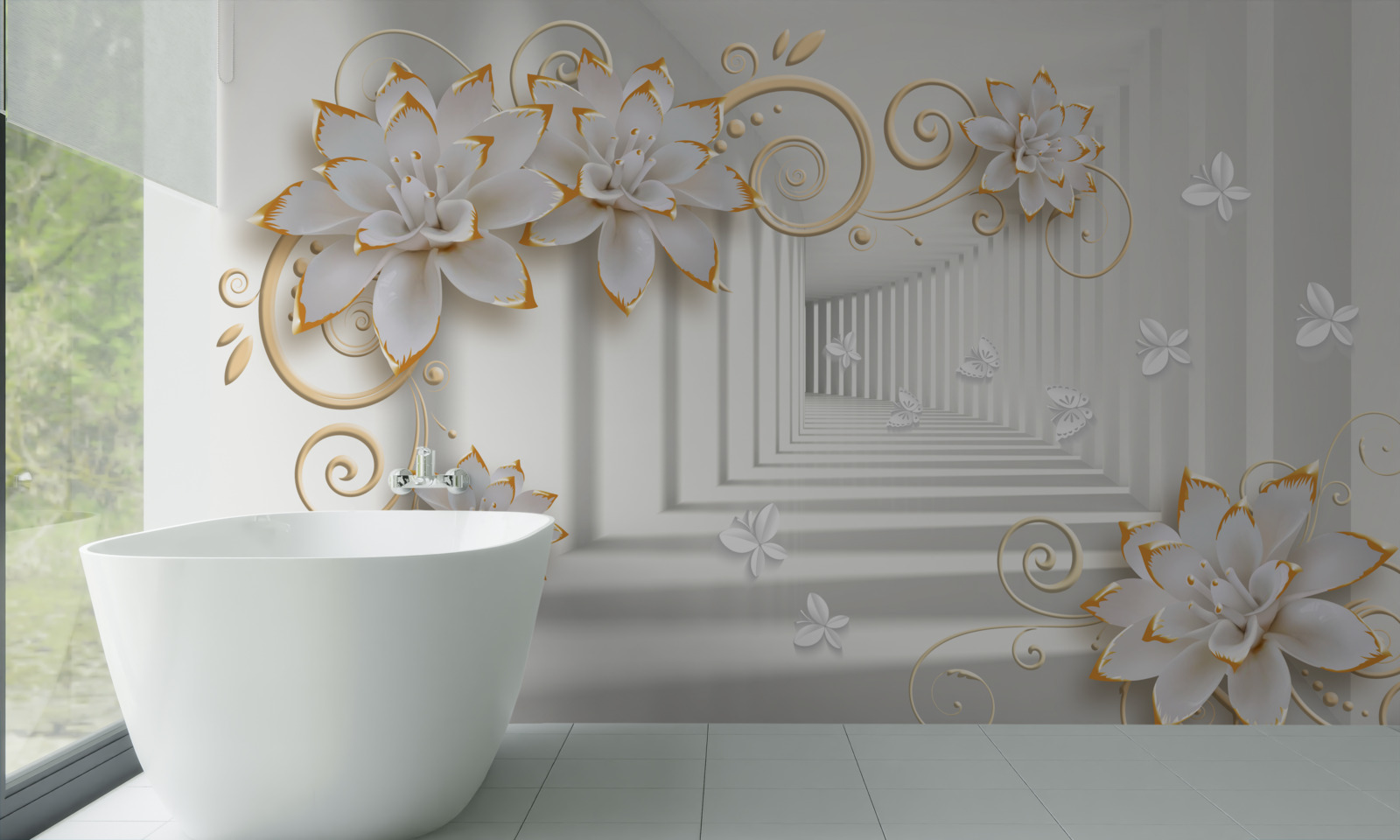 Fotobehang witte lotussen stralen tederheid uit in de gang