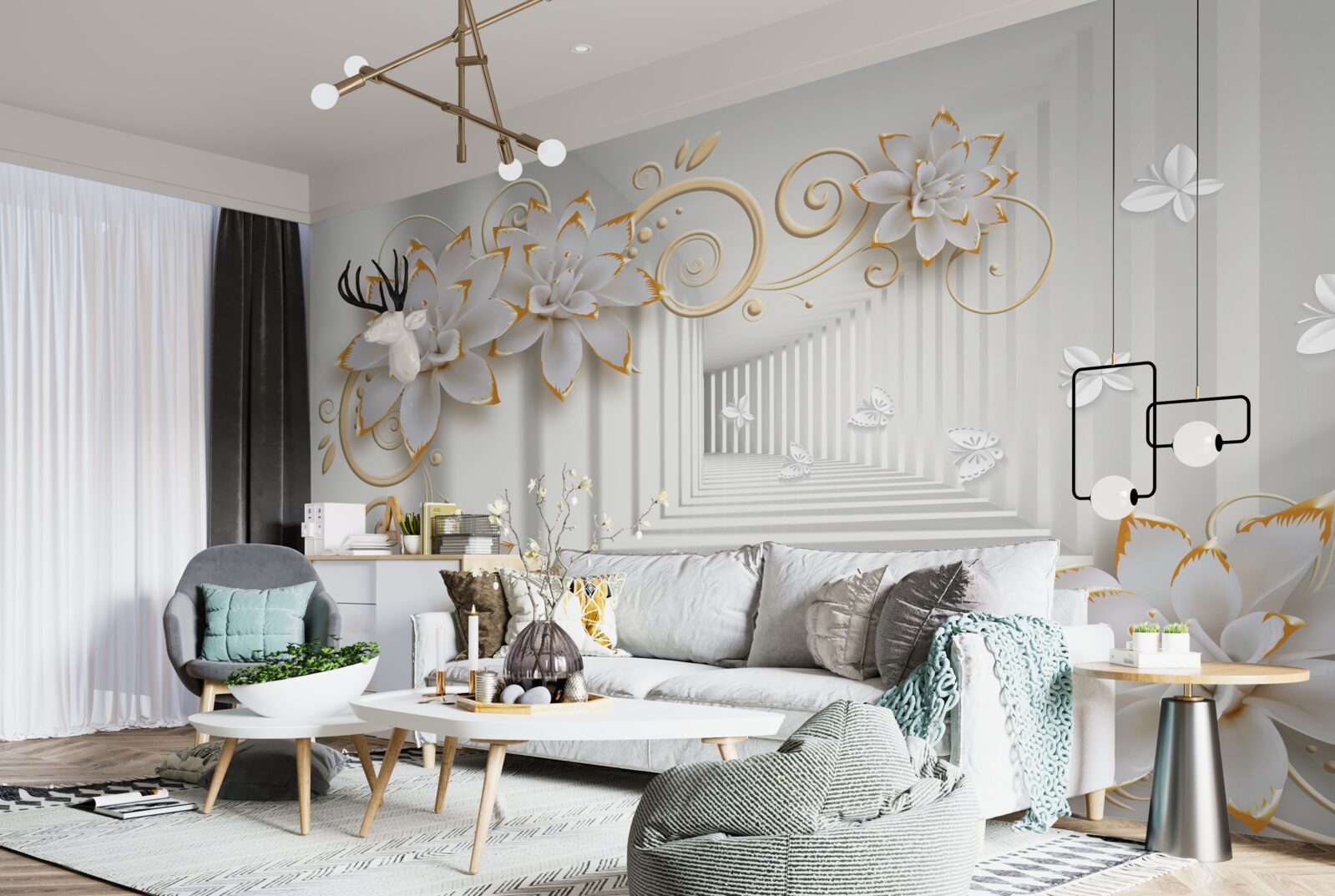 Fotobehang witte lotussen stralen tederheid uit in de gang