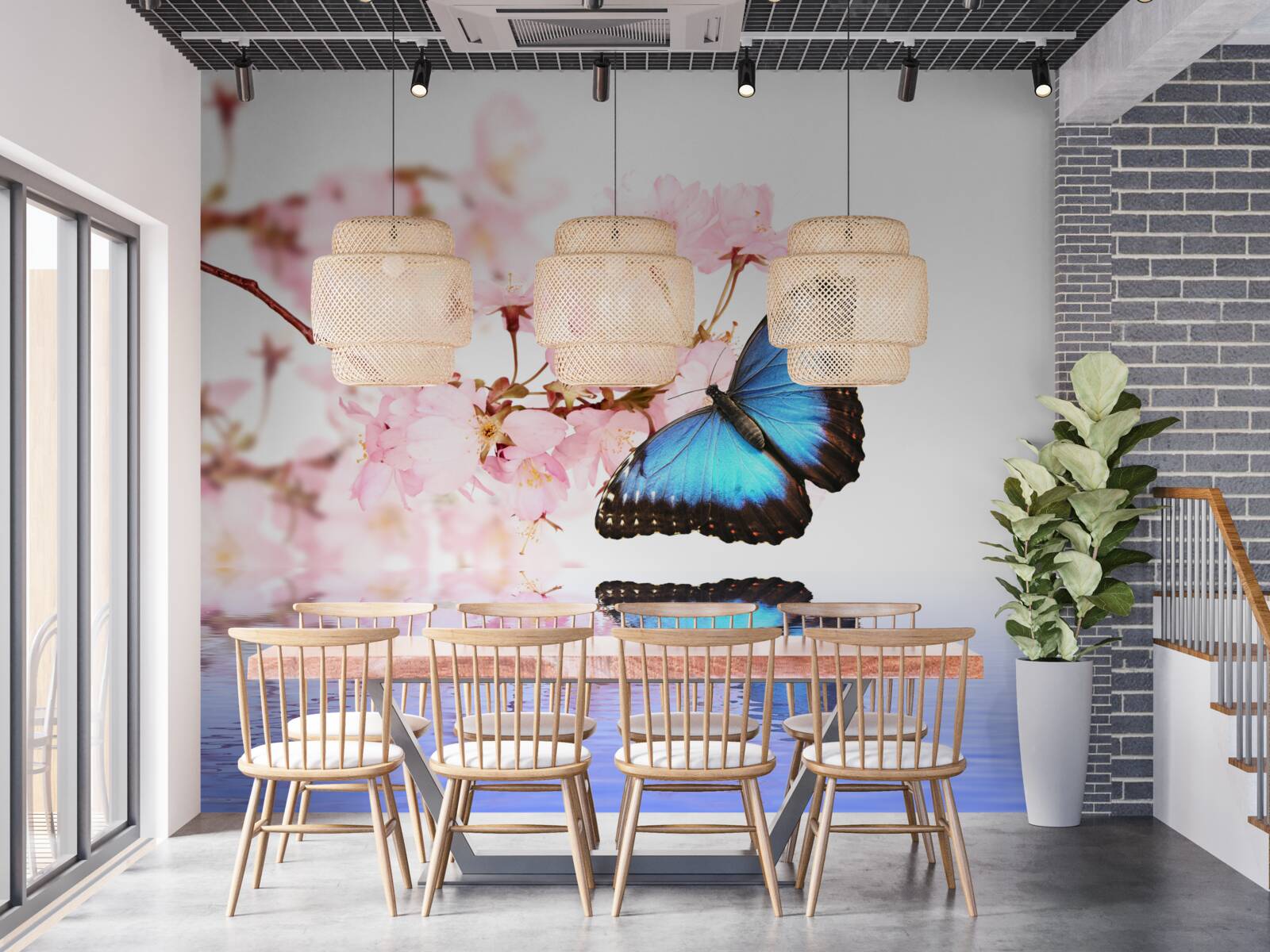 Fotobehang een blauwe vlinder zit op een kersenboom bij het water