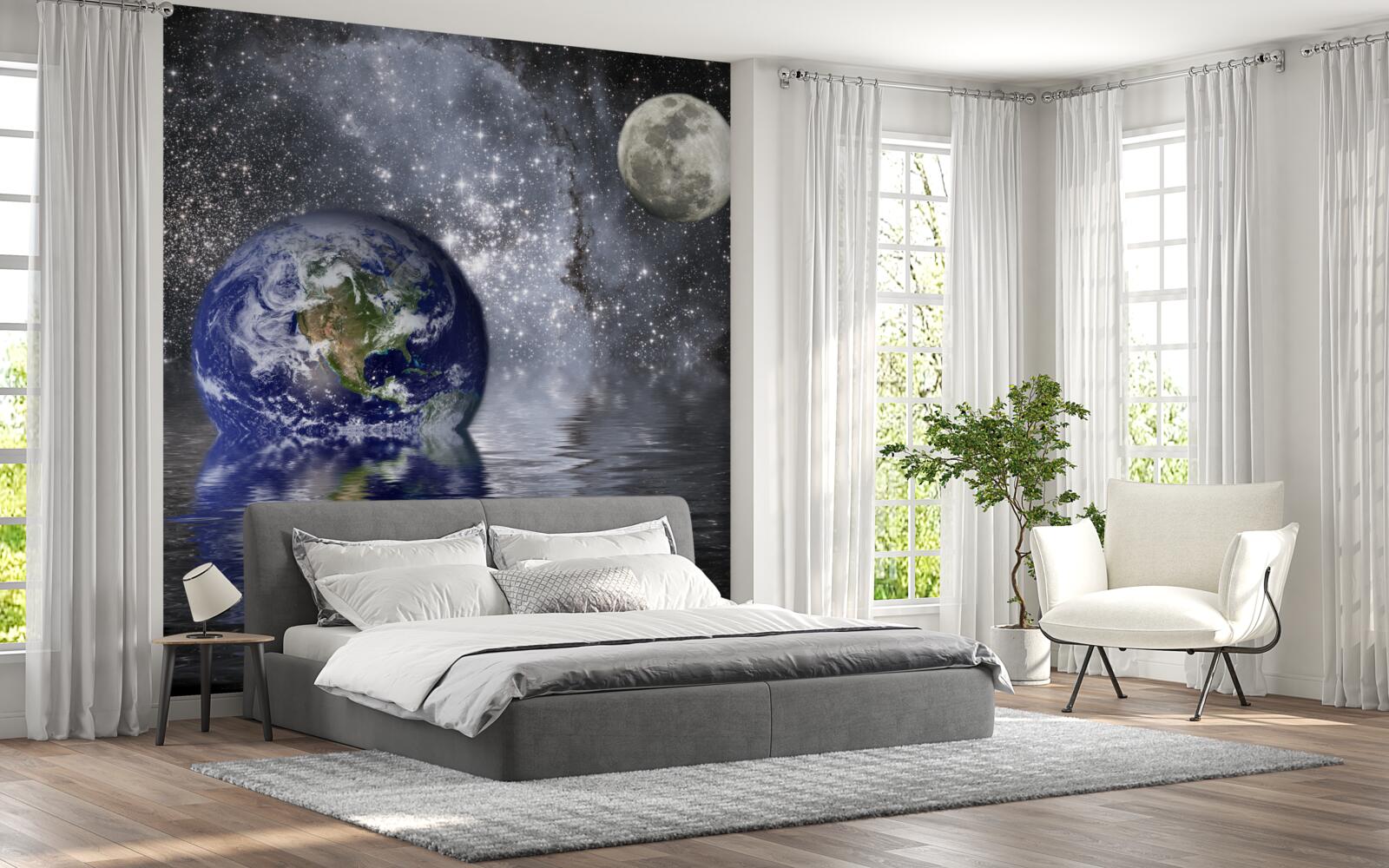 Fotobehang water omringt de aarde en de maan in de ruimte