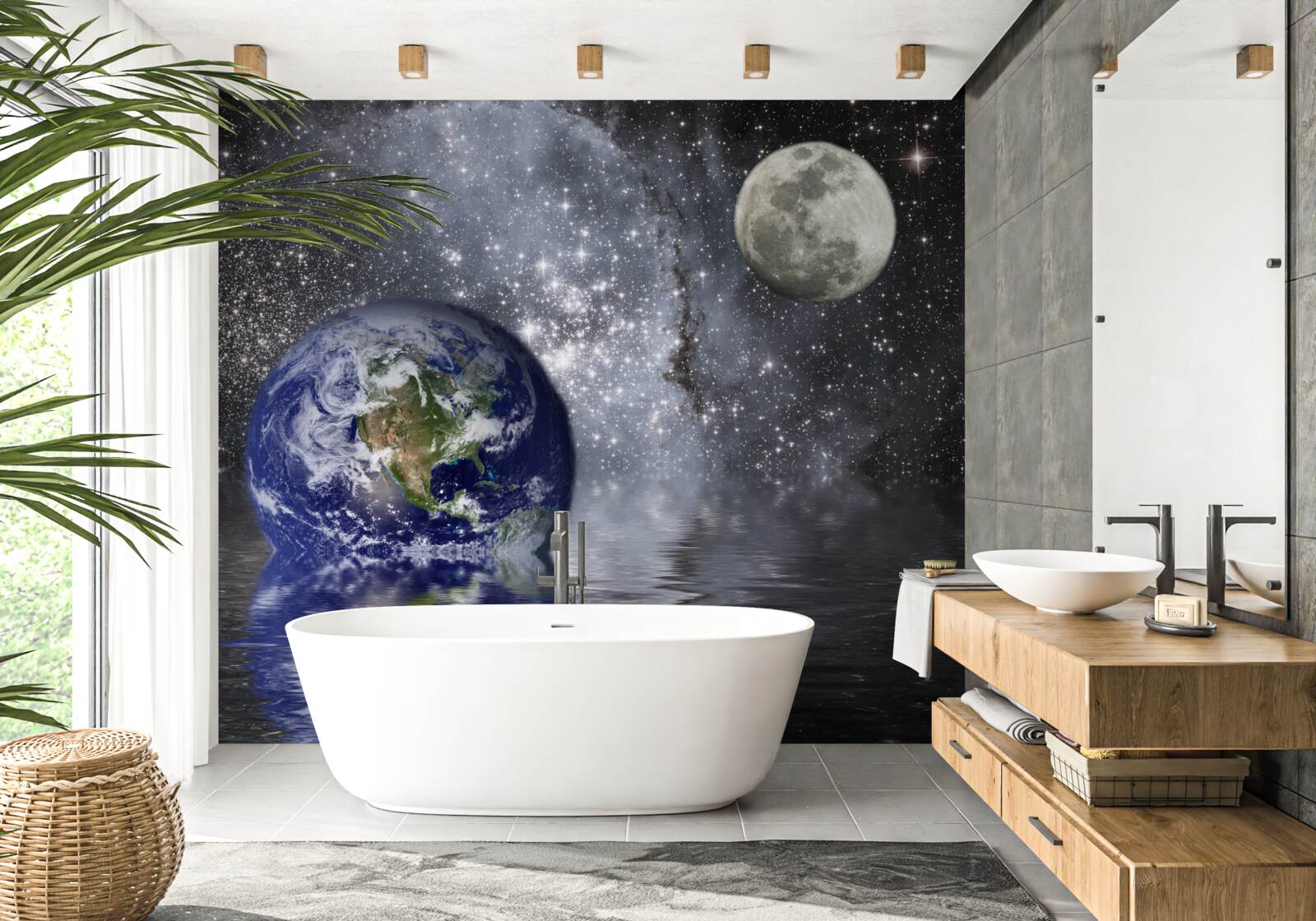 Fotobehang water omringt de aarde en de maan in de ruimte