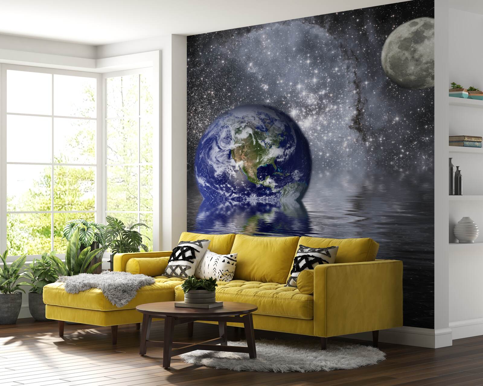 Fotobehang water omringt de aarde en de maan in de ruimte