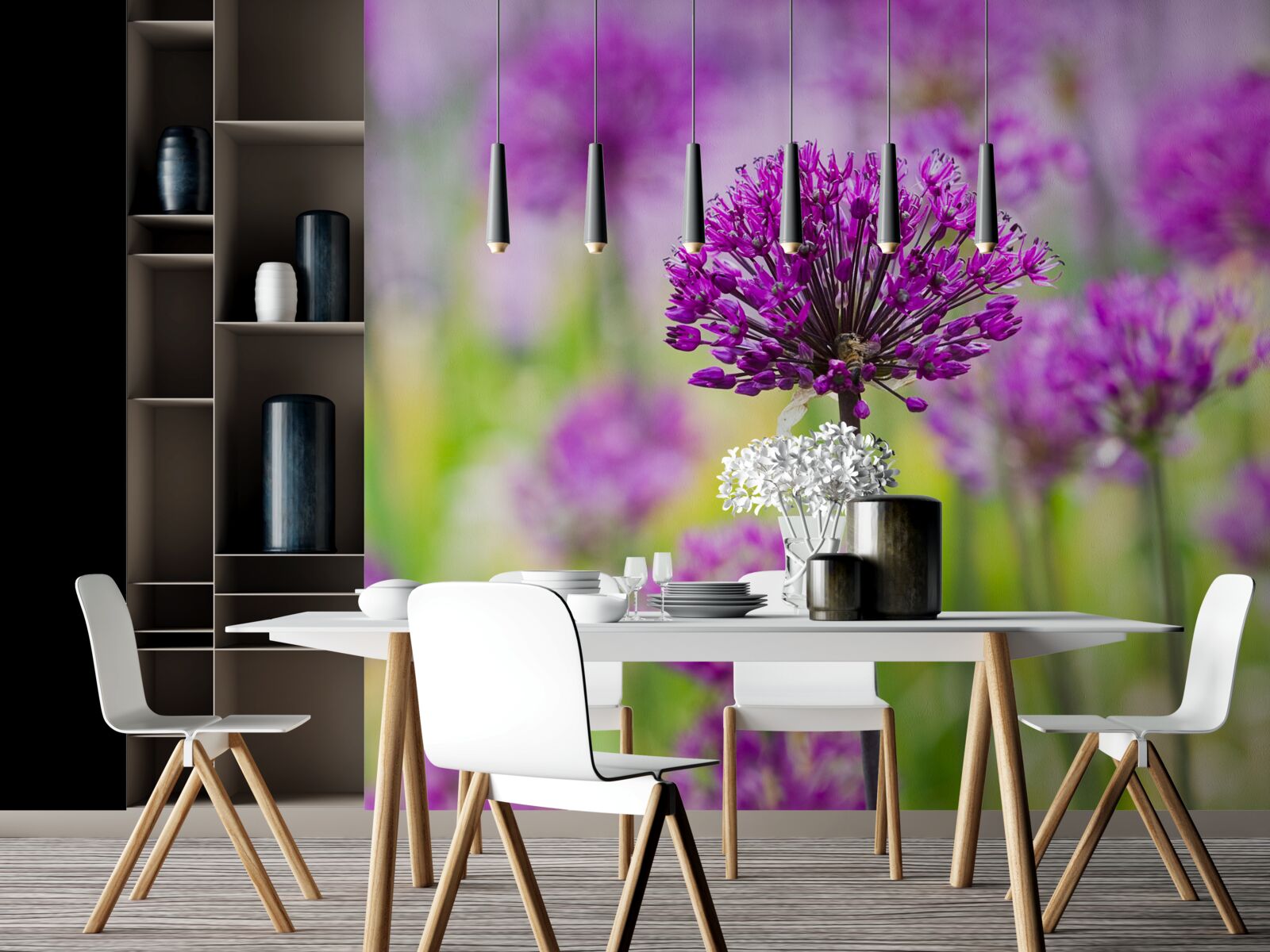 Fotobehang delicate paarse bloemen groeien in weiden