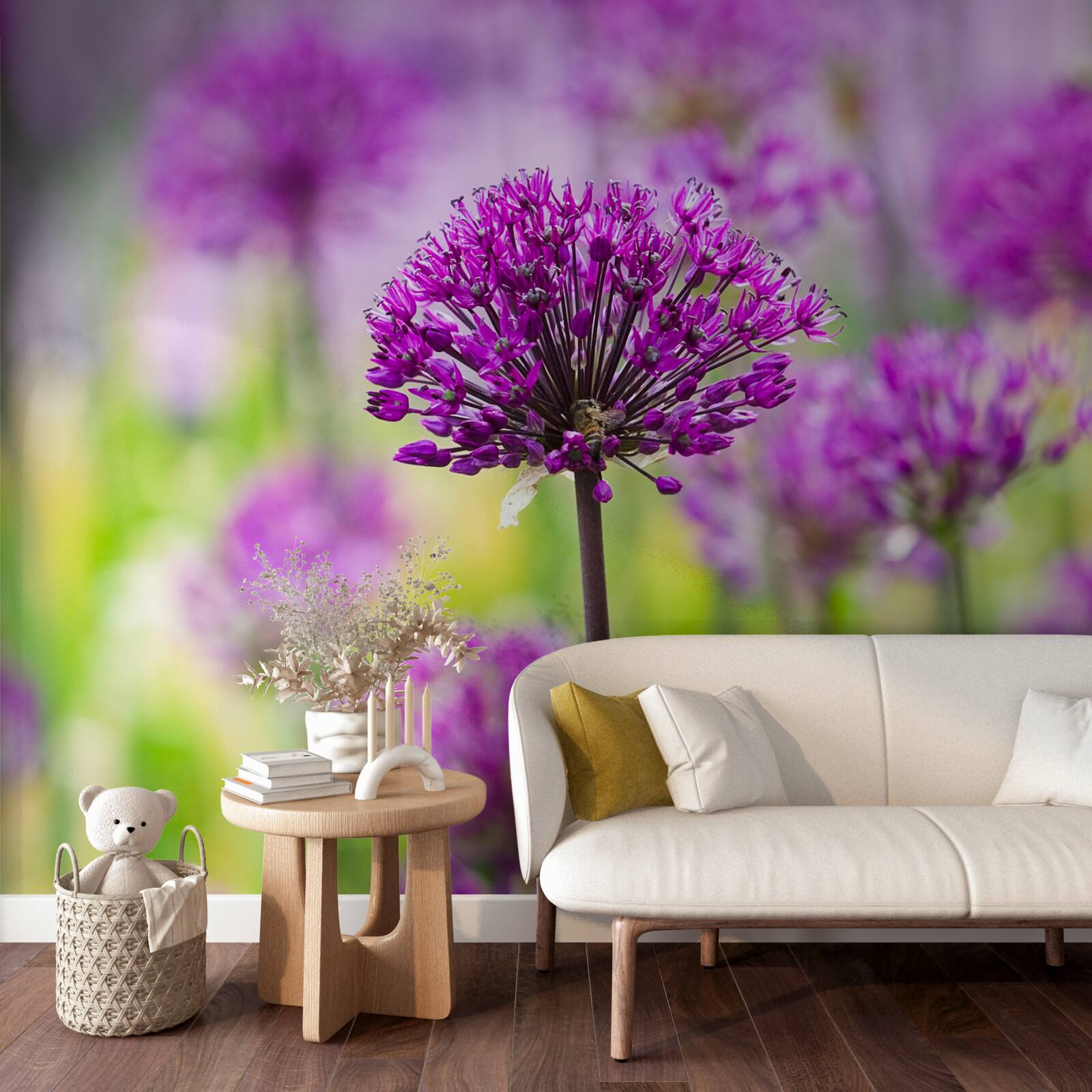 Fotobehang delicate paarse bloemen groeien in weiden