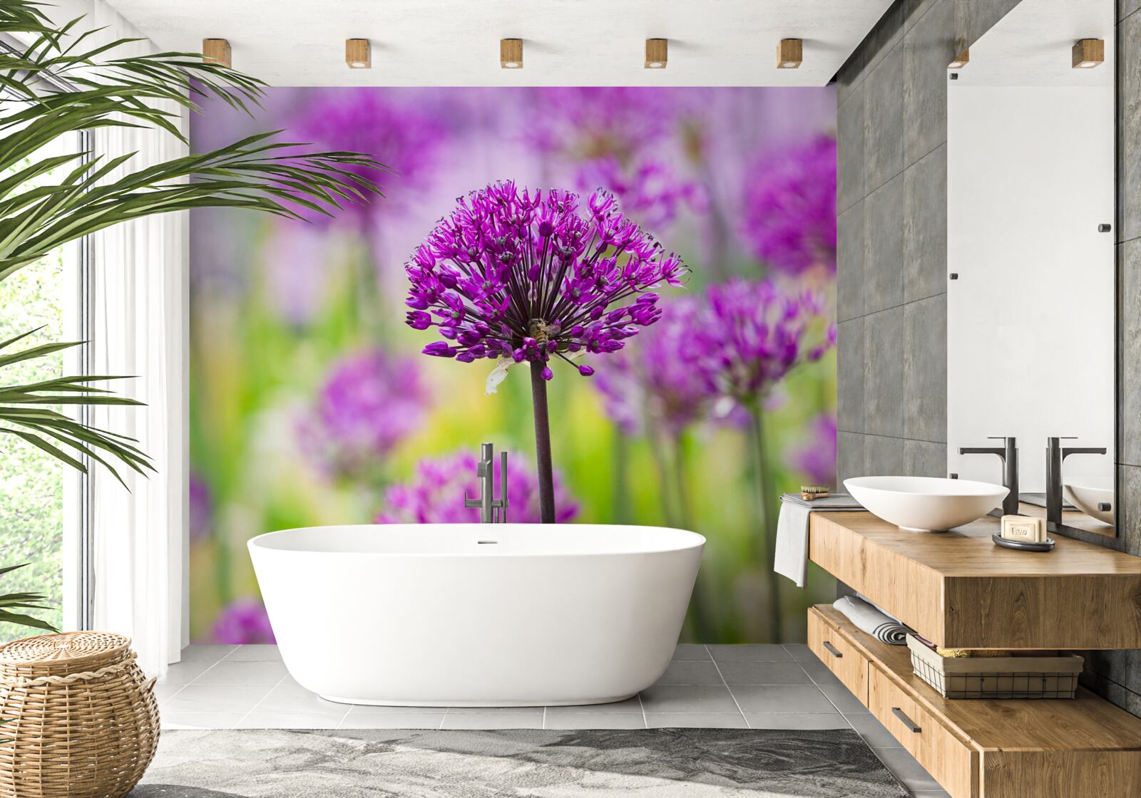 Fotobehang delicate paarse bloemen groeien in weiden