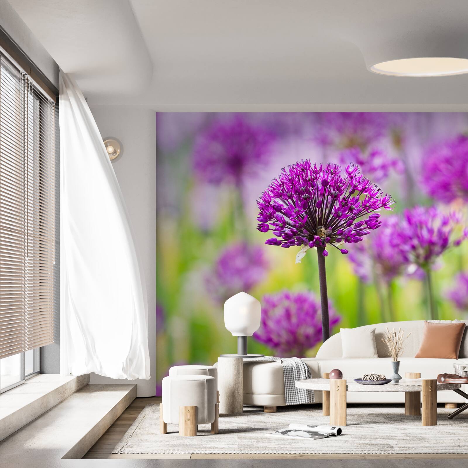 Fotobehang delicate paarse bloemen groeien in weiden