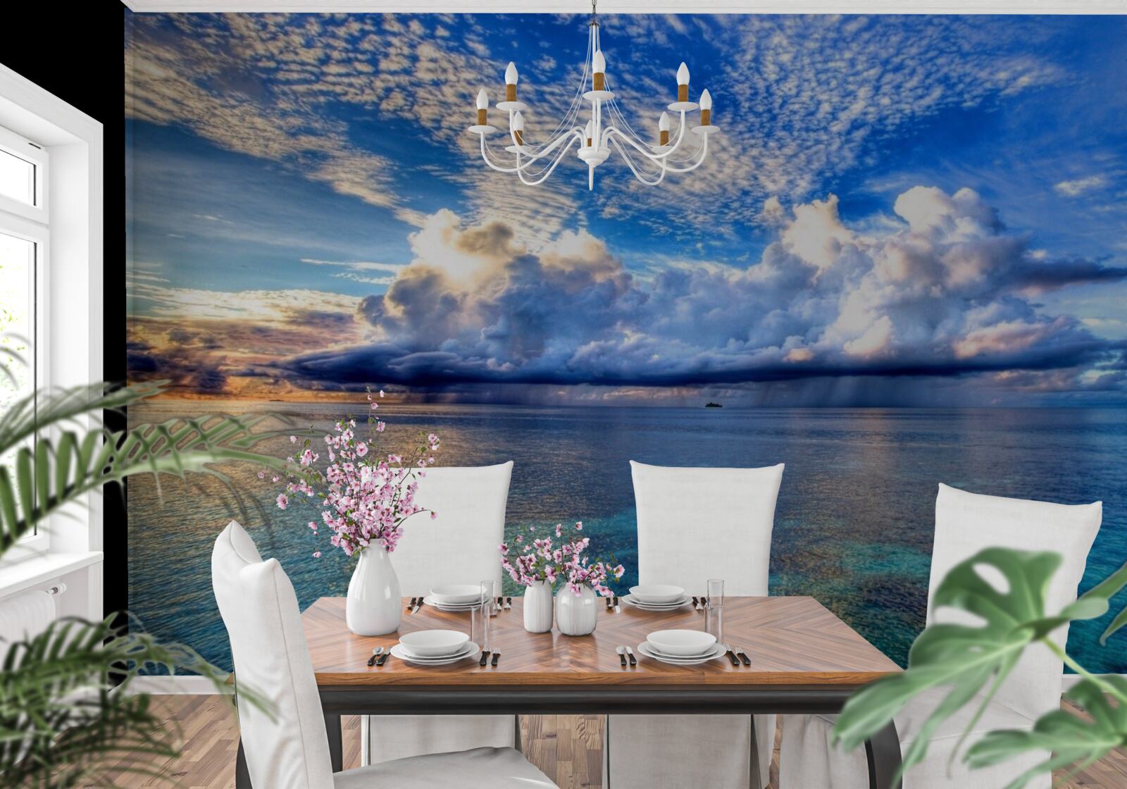 Fotobehang wolken drijven zachtjes over het blauwe wateroppervlak