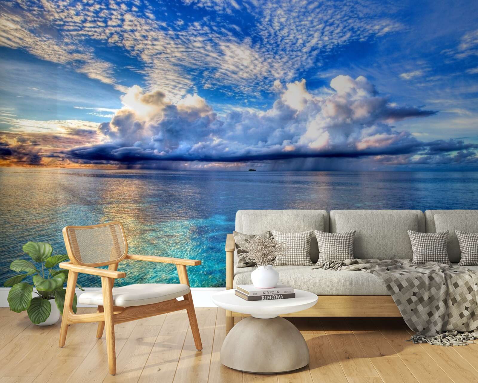 Fotobehang wolken drijven zachtjes over het blauwe wateroppervlak