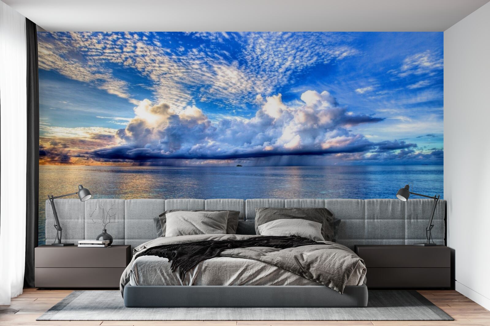 Fotobehang wolken drijven zachtjes over het blauwe wateroppervlak