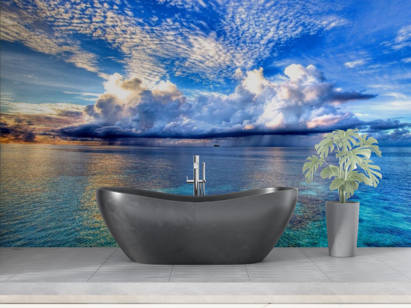 Fotobehang wolken drijven zachtjes over het blauwe wateroppervlak