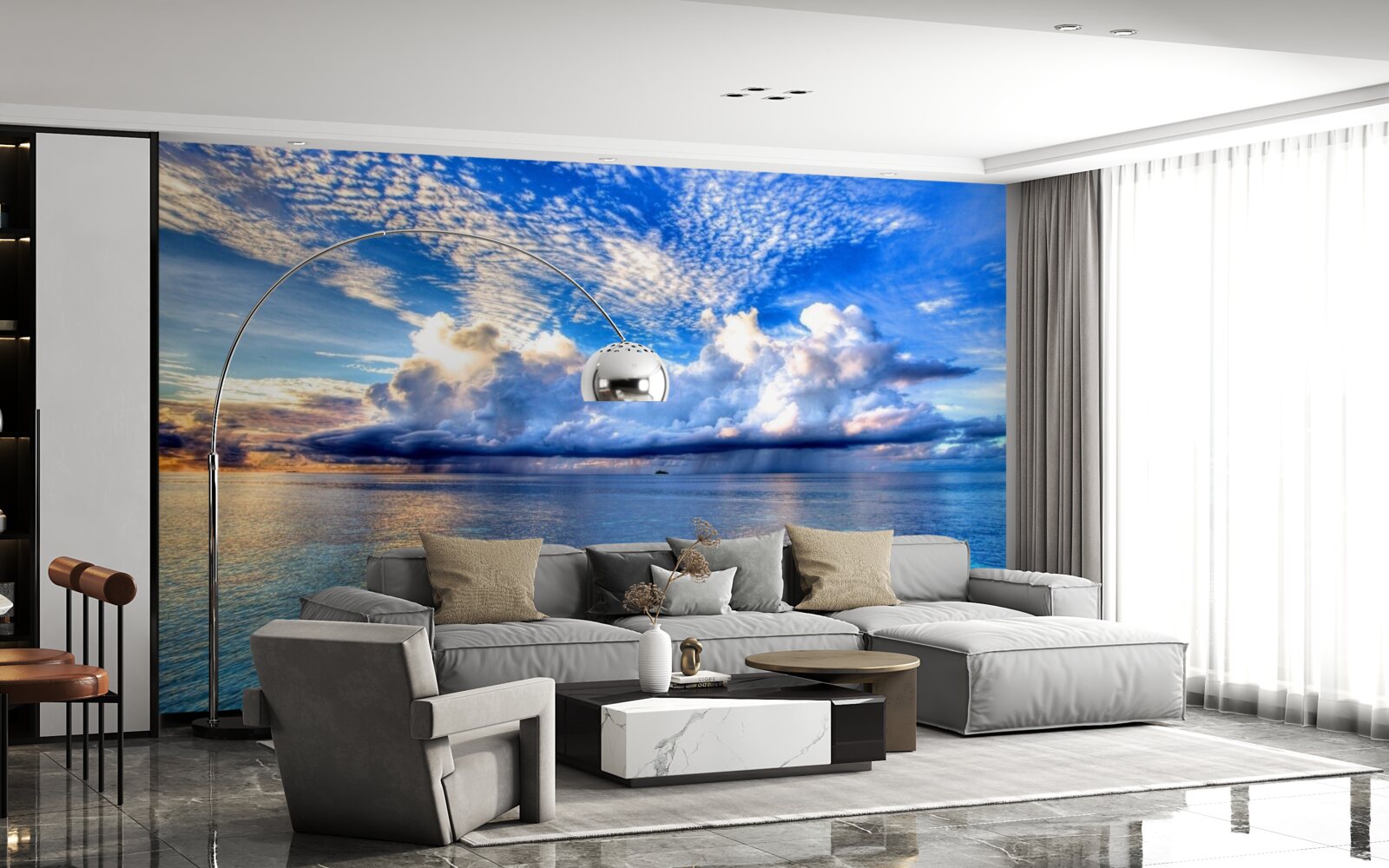 Fotobehang wolken drijven zachtjes over het blauwe wateroppervlak