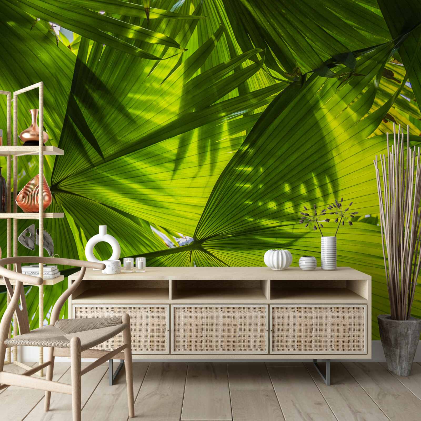 Fotobehang de zon wordt verduisterd door varenbladeren