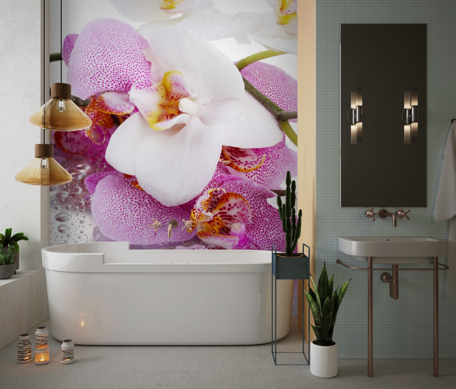 Fotobehang orchideeën met witte en roze bloemblaadjes