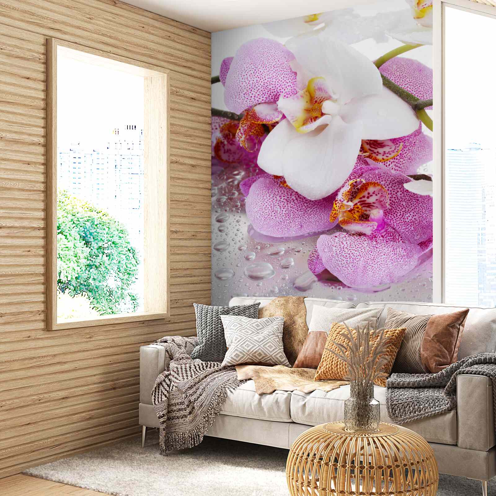 Fotobehang orchideeën met witte en roze bloemblaadjes
