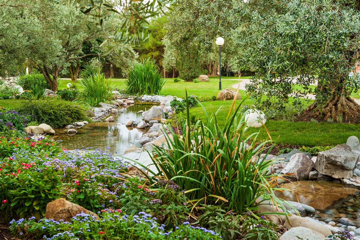 Fotobehang een beek die door een groene weide stroomt