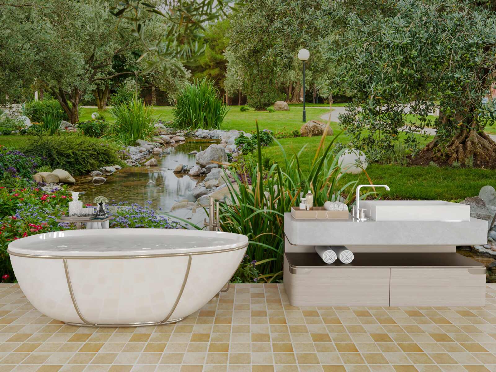 Fotobehang een beek die door een groene weide stroomt