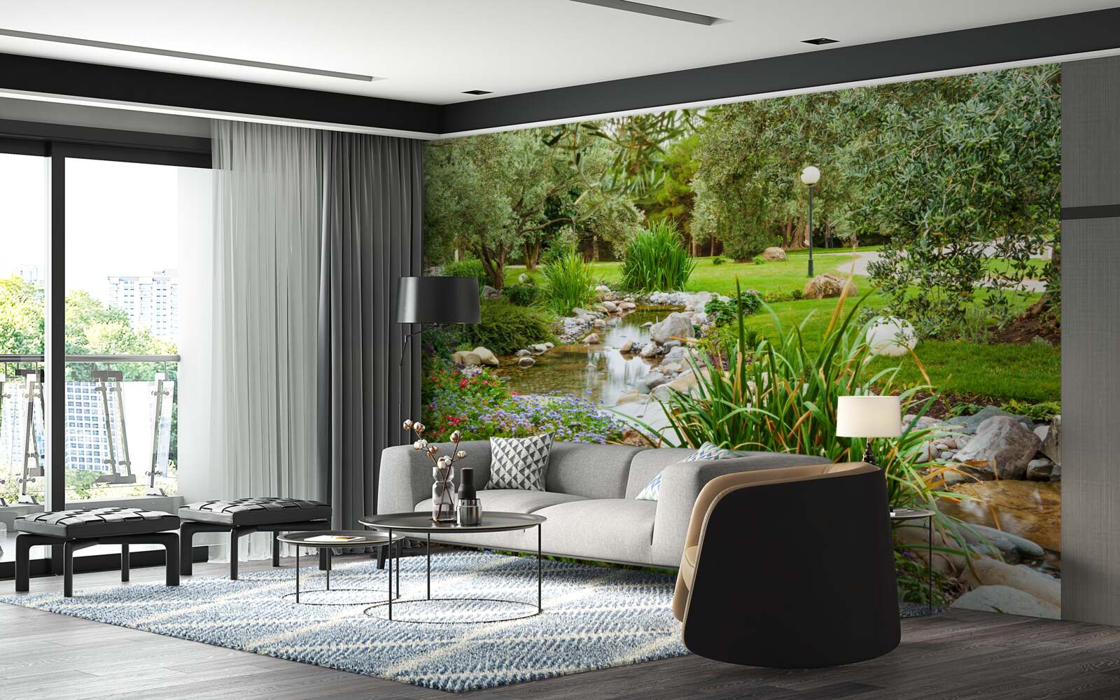 Fotobehang een beek die door een groene weide stroomt