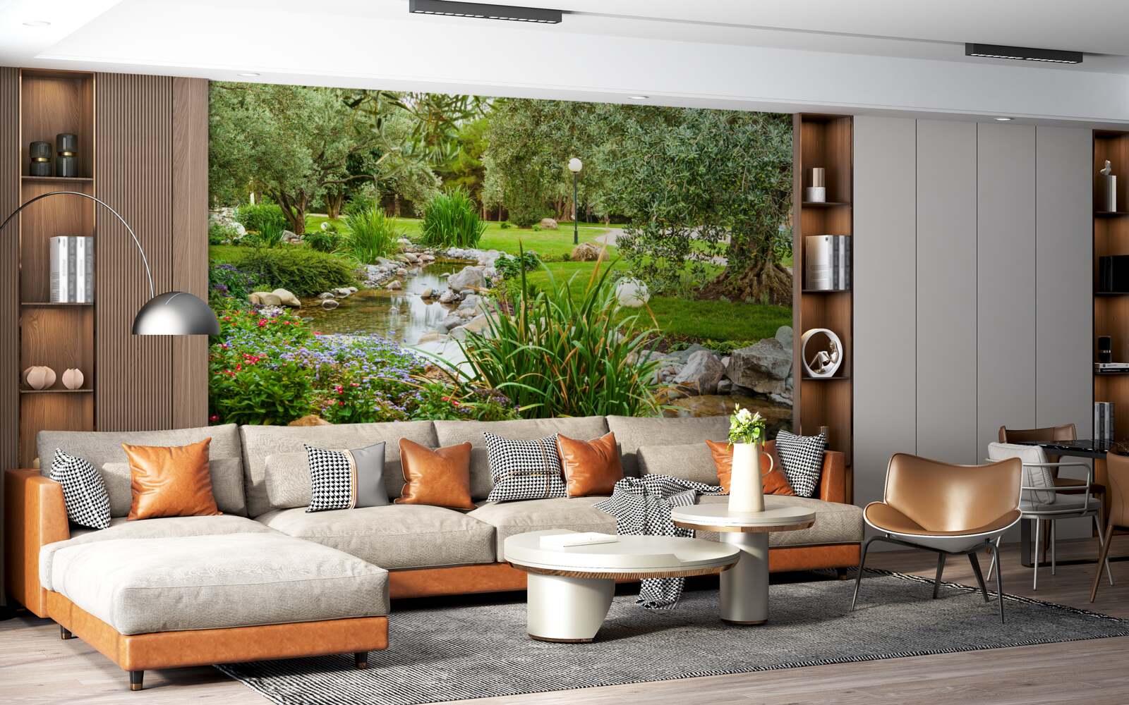 Fotobehang een beek die door een groene weide stroomt