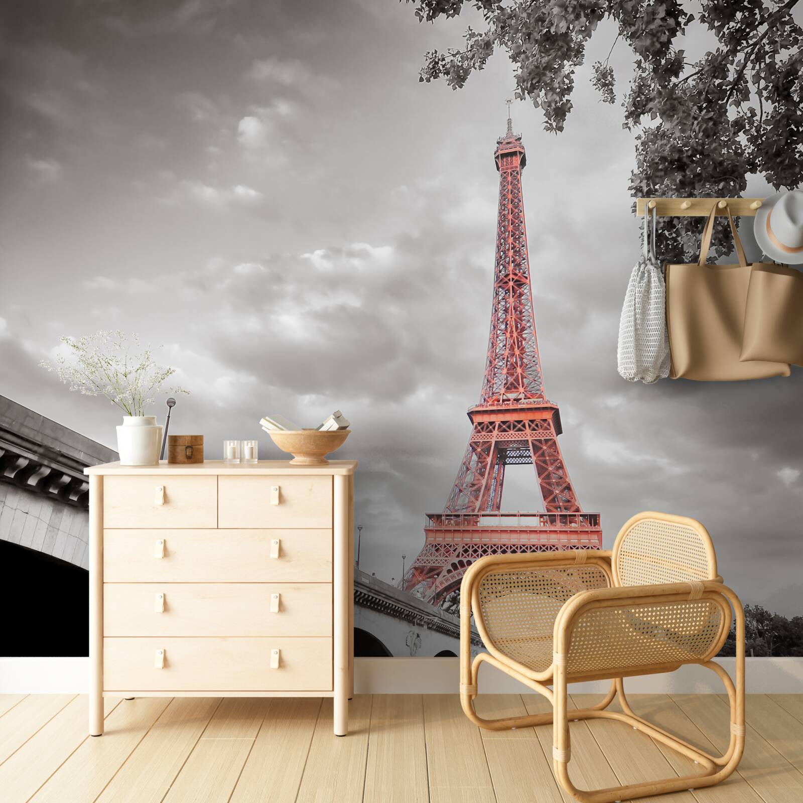 Fotobehang achter de oude brug over de rivier zie je de eiffeltoren