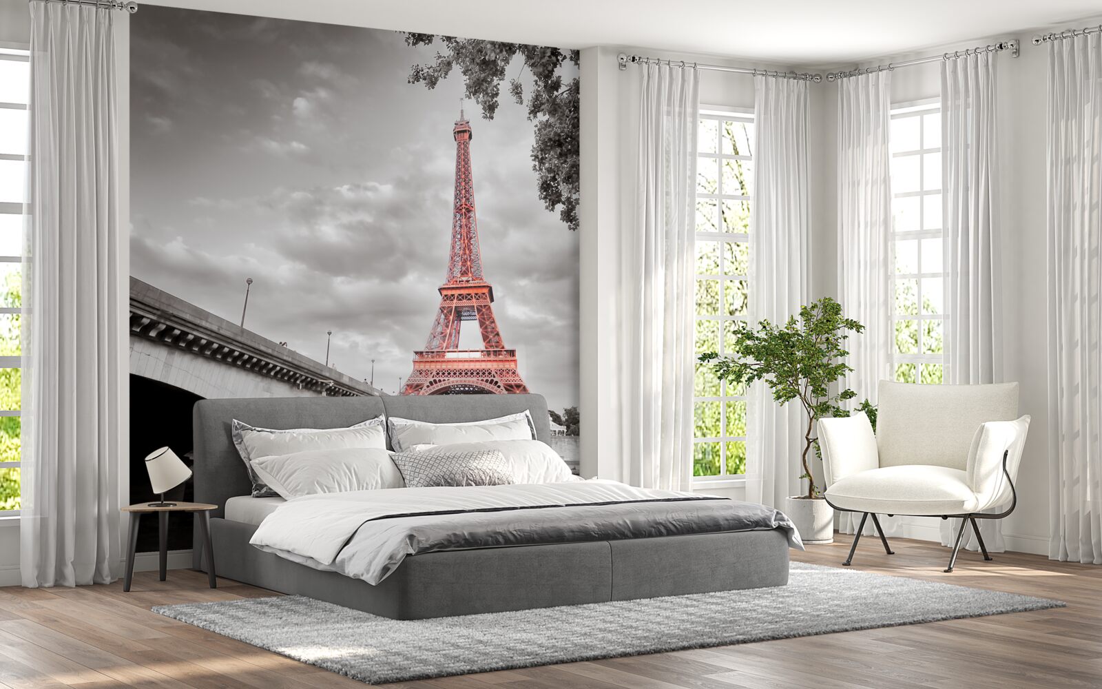 Fotobehang achter de oude brug over de rivier zie je de eiffeltoren